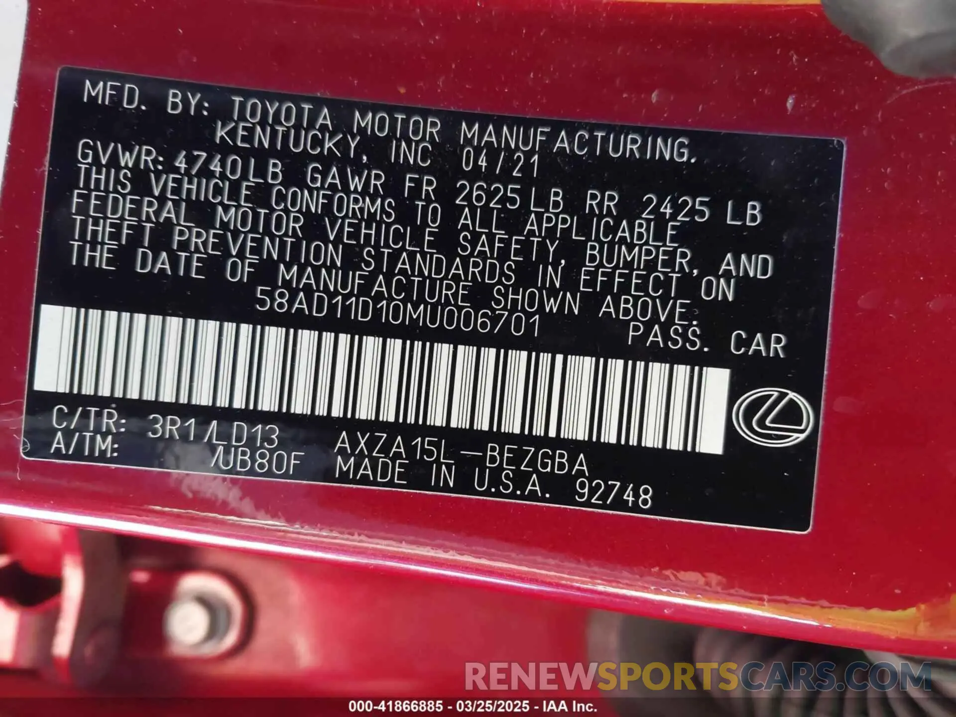 9 fotografías del automóvil dañado 58AD11D10MU006701 LEXUS ES 250 2021