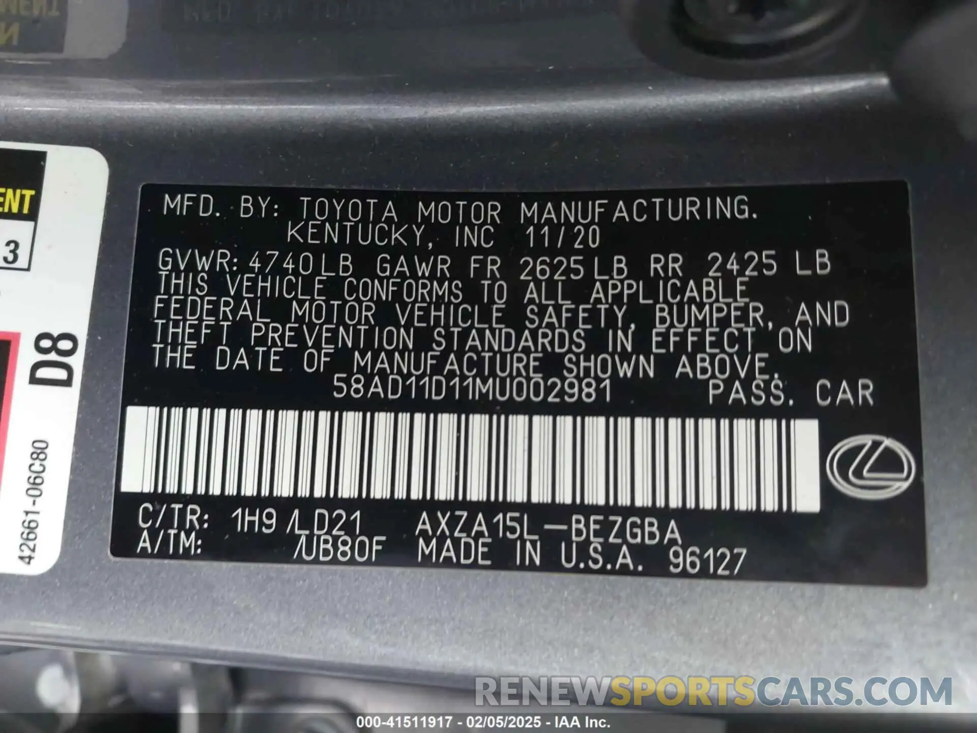 9 fotografías del automóvil dañado 58AD11D11MU002981 LEXUS ES 250 2021