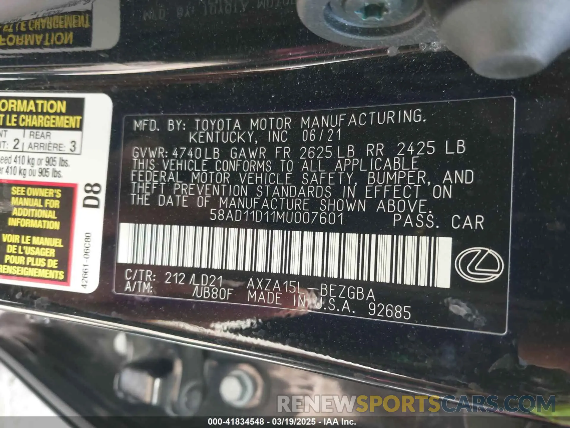 9 fotografías del automóvil dañado 58AD11D11MU007601 LEXUS ES 250 2021