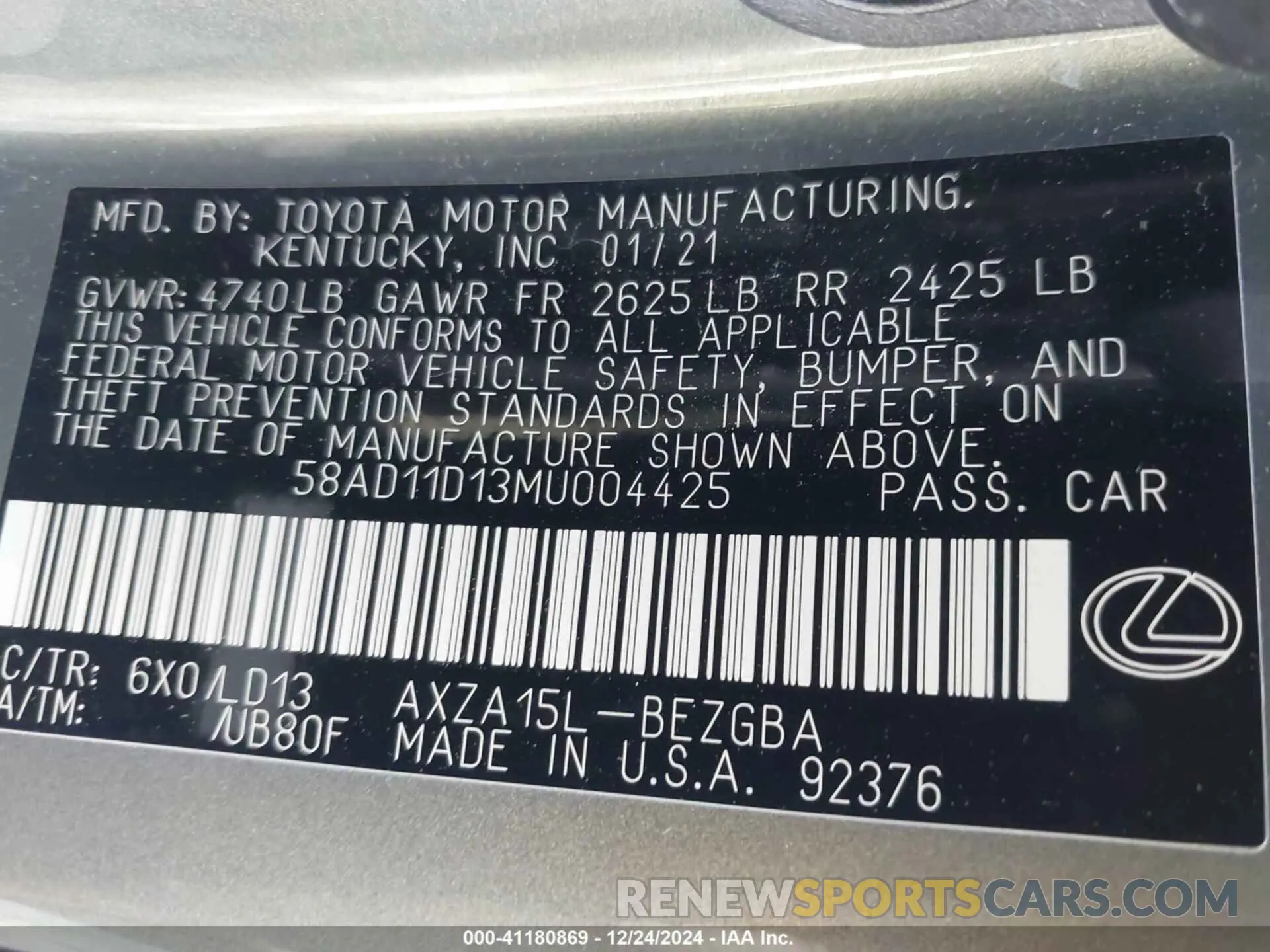 9 fotografías del automóvil dañado 58AD11D13MU004425 LEXUS ES 250 2021