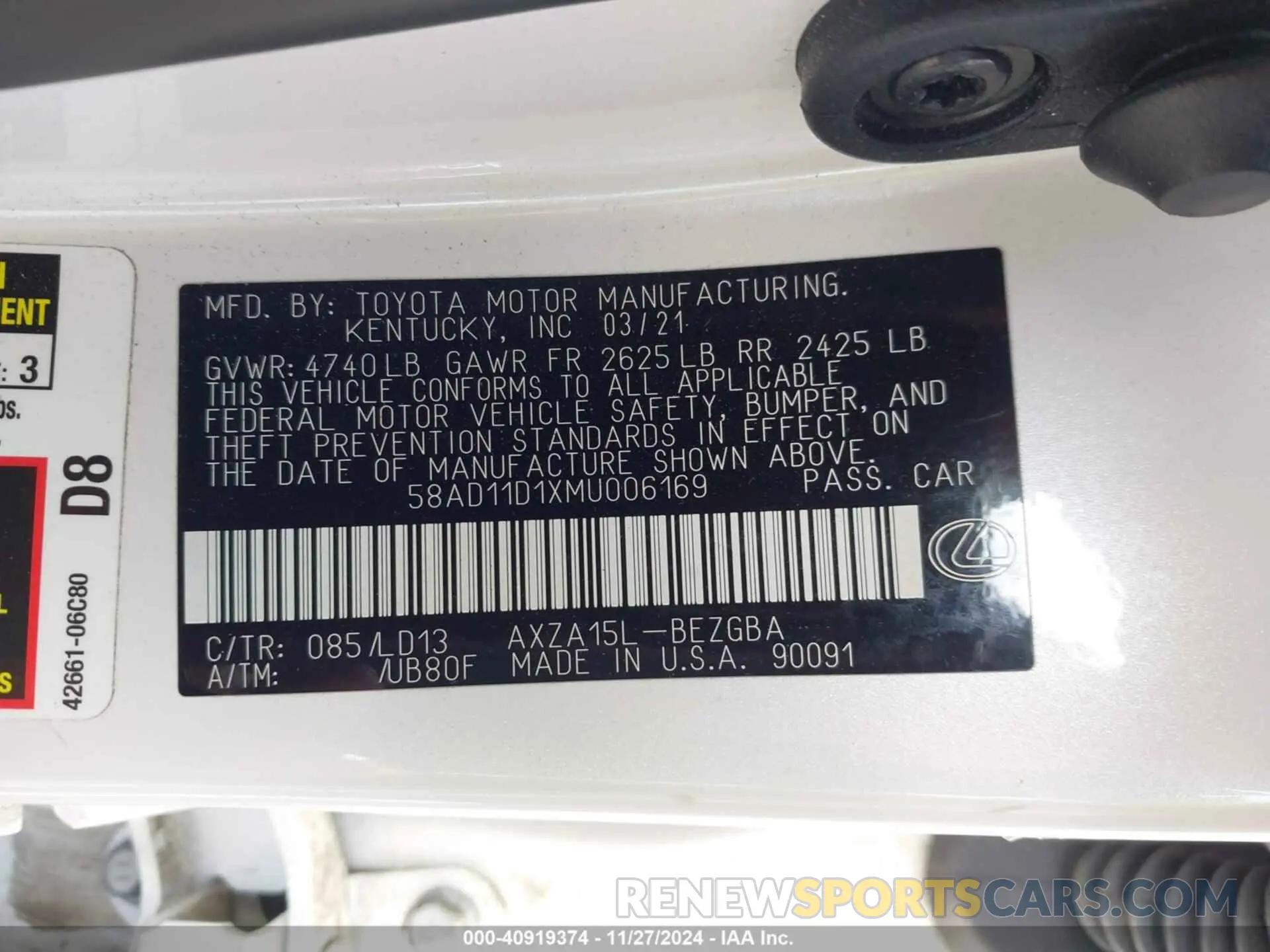 9 fotografías del automóvil dañado 58AD11D1XMU006169 LEXUS ES 250 2021