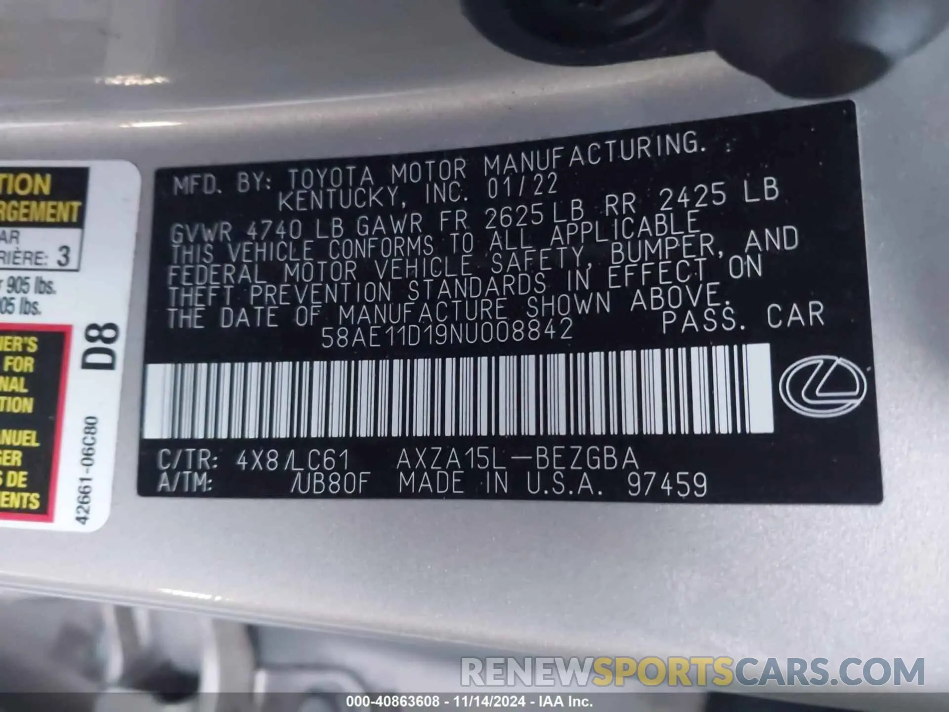 9 fotografías del automóvil dañado 58AE11D19NU008842 LEXUS ES 250 2022