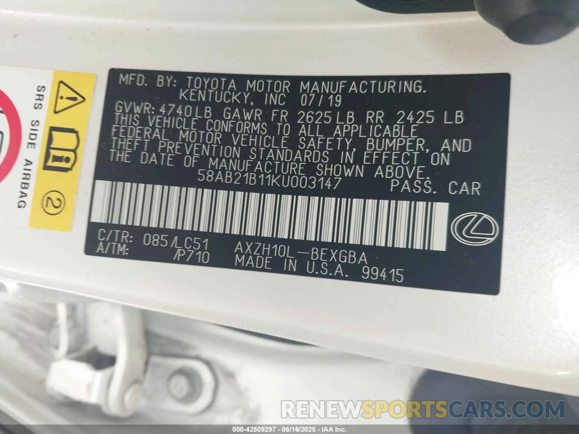 9 fotografías del automóvil dañado 58AB21B11KU003147 LEXUS ES 300H 2019