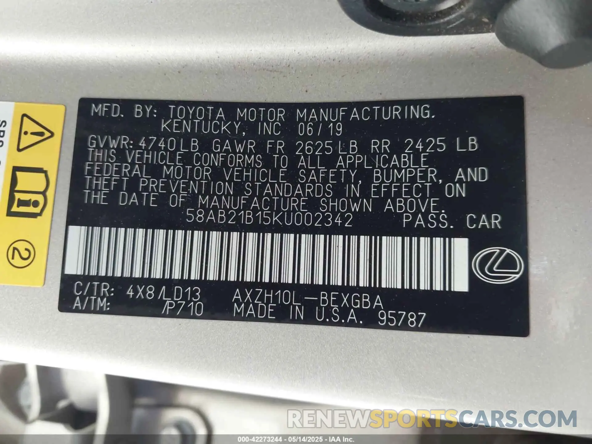 9 fotografías del automóvil dañado 58AB21B15KU002342 LEXUS ES 300H 2019