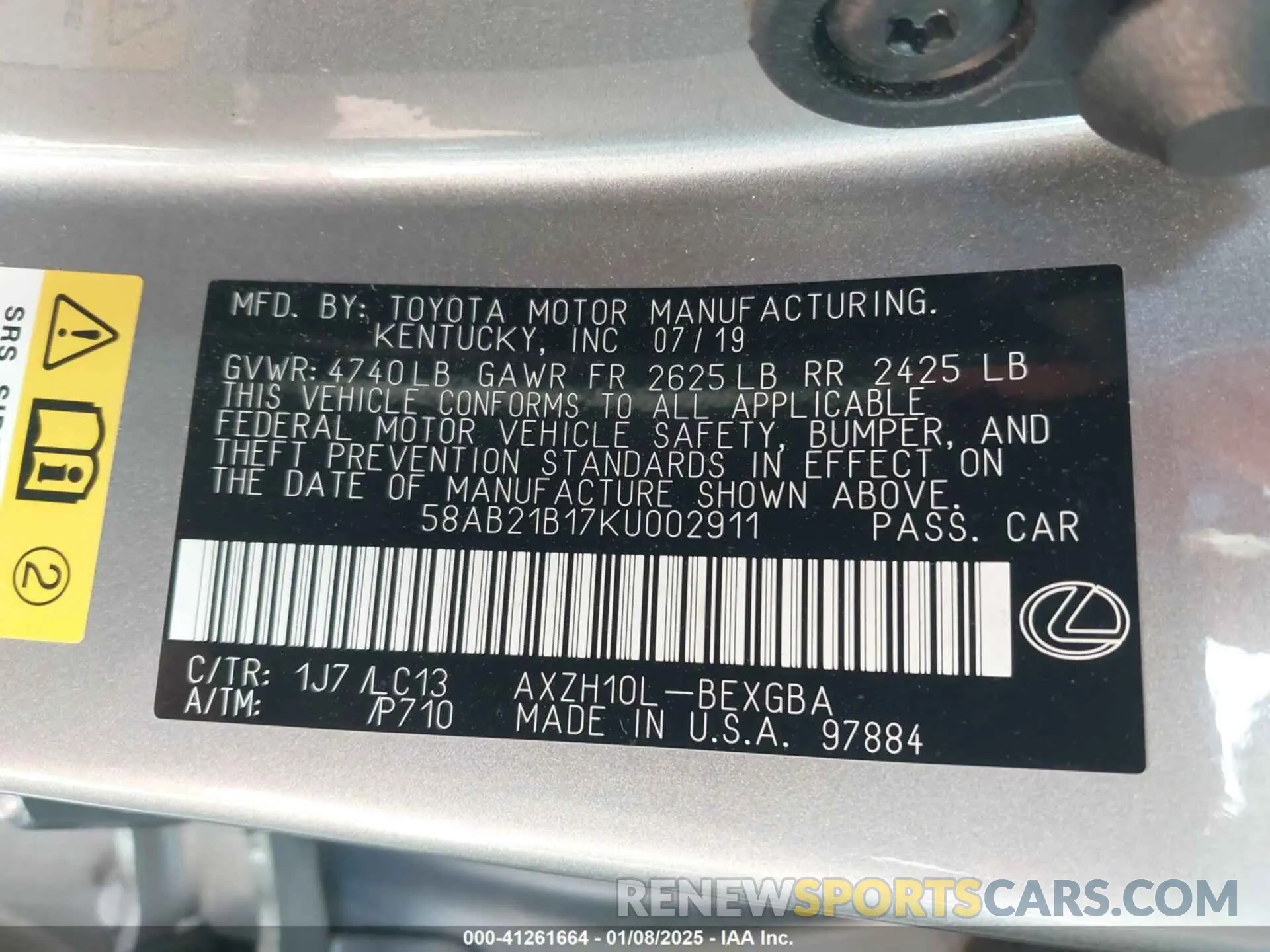 9 fotografías del automóvil dañado 58AB21B17KU002911 LEXUS ES 300H 2019