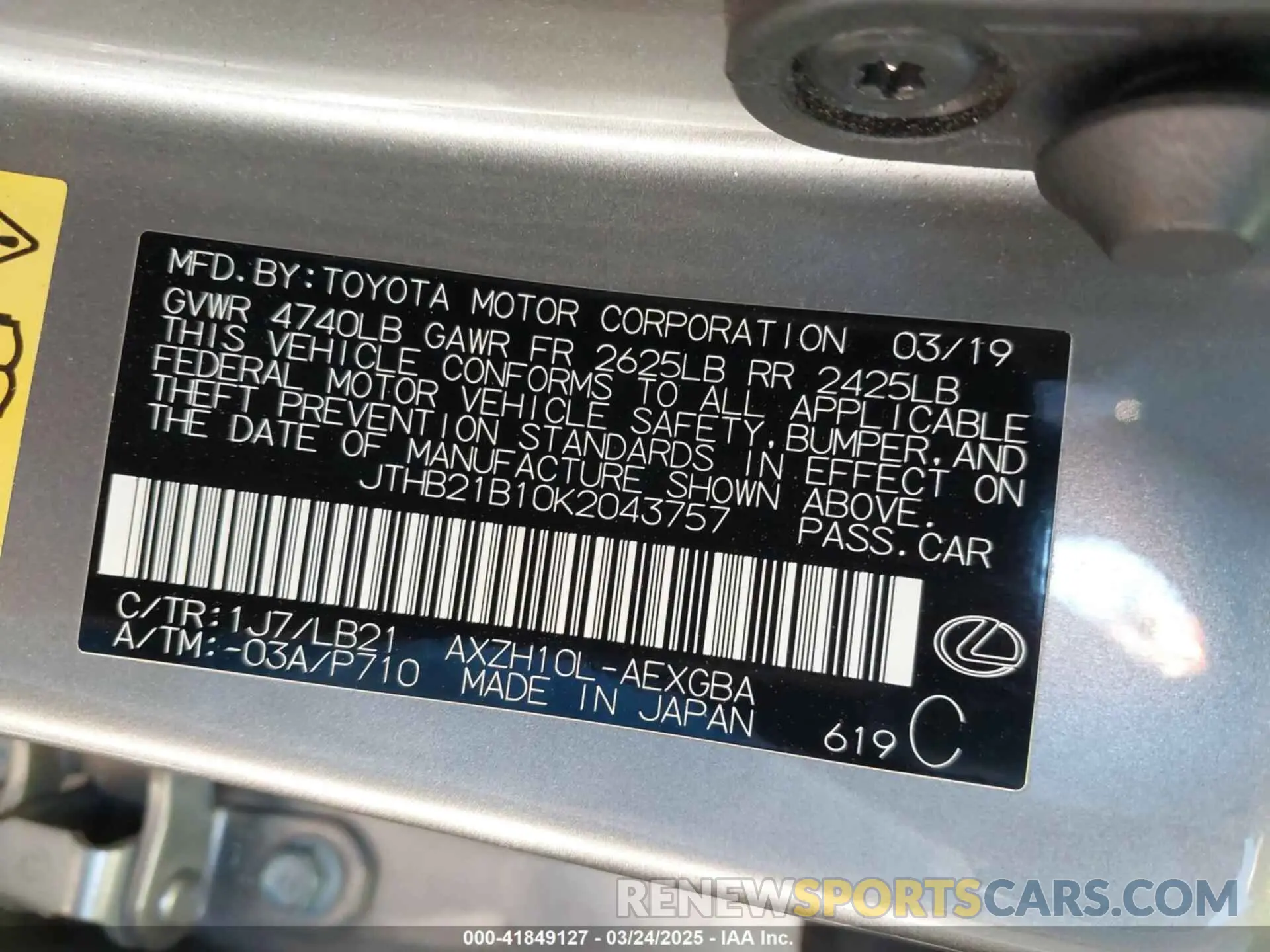 9 fotografías del automóvil dañado JTHB21B10K2043757 LEXUS ES 300H 2019