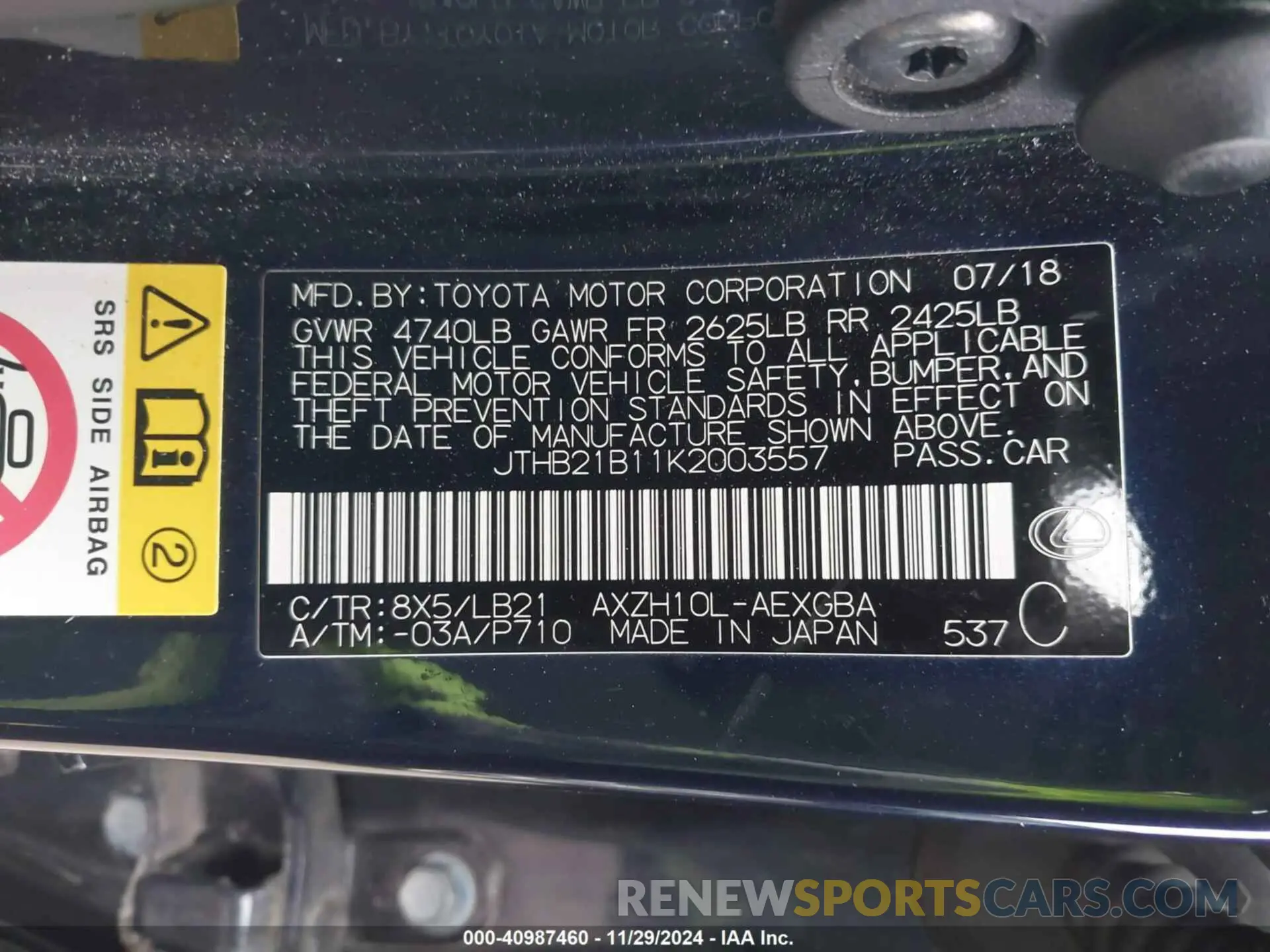8 fotografías del automóvil dañado JTHB21B11K2003557 LEXUS ES 300H 2019