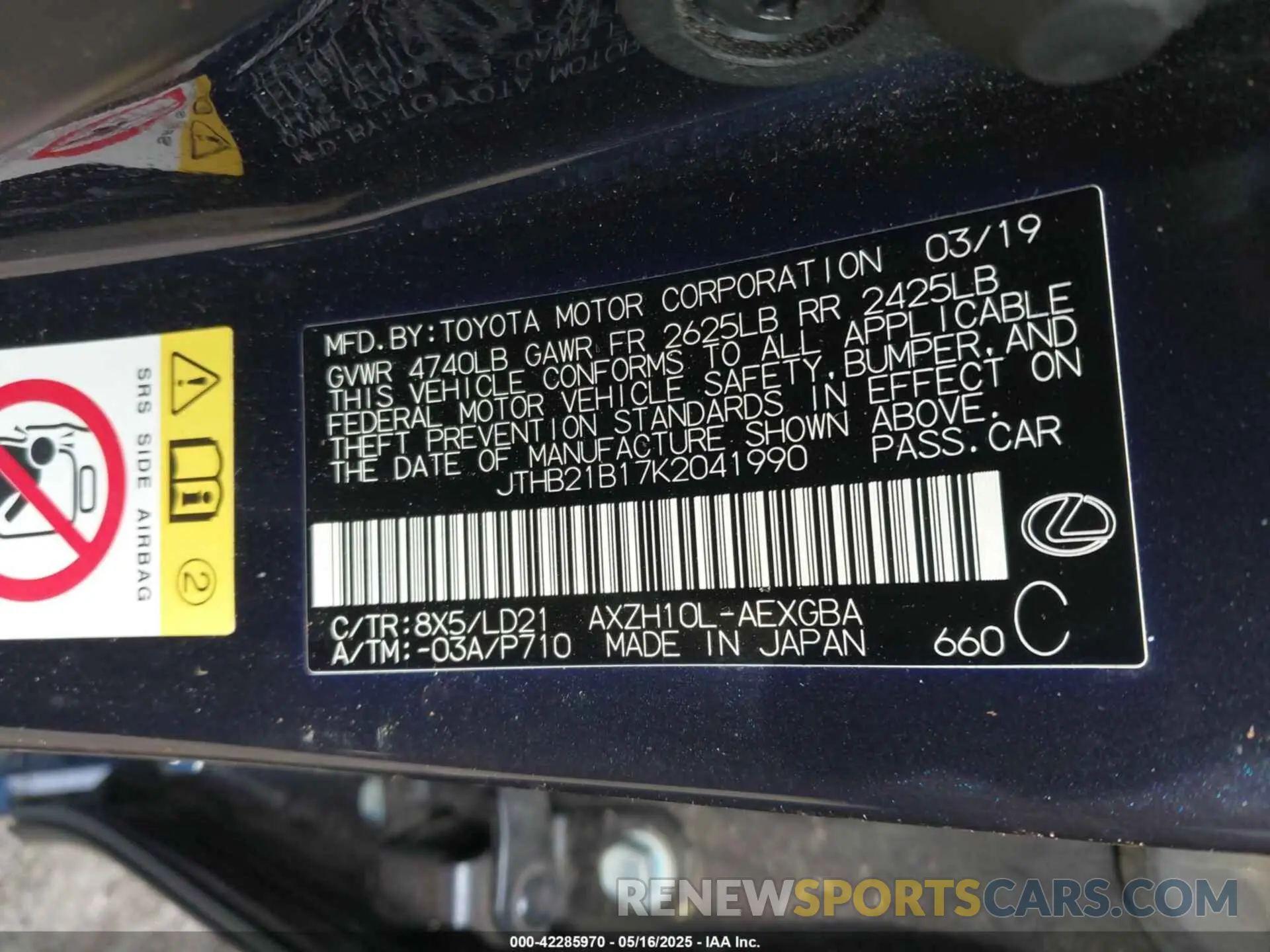 9 fotografías del automóvil dañado JTHB21B17K2041990 LEXUS ES 300H 2019
