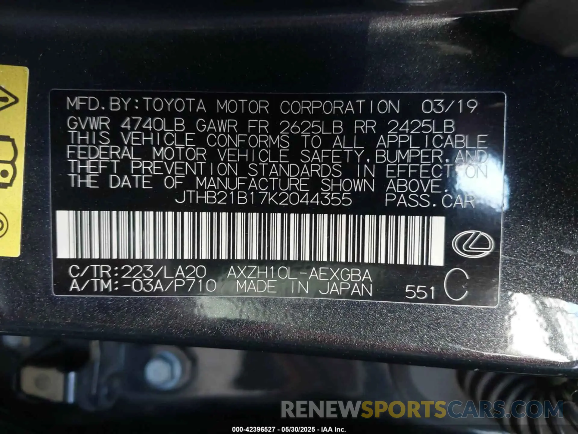 9 fotografías del automóvil dañado JTHB21B17K2044355 LEXUS ES 300H 2019