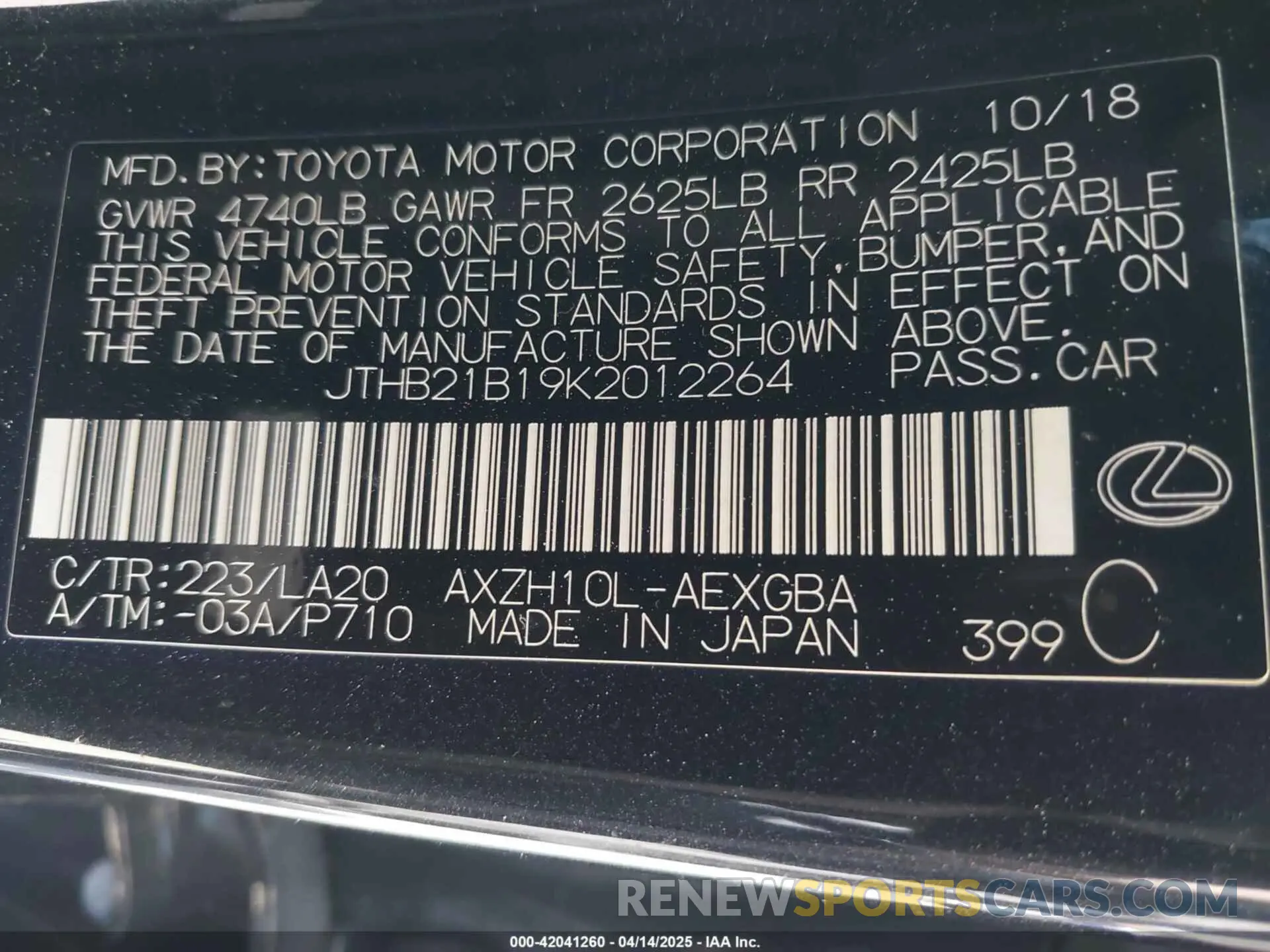 9 fotografías del automóvil dañado JTHB21B19K2012264 LEXUS ES 300H 2019