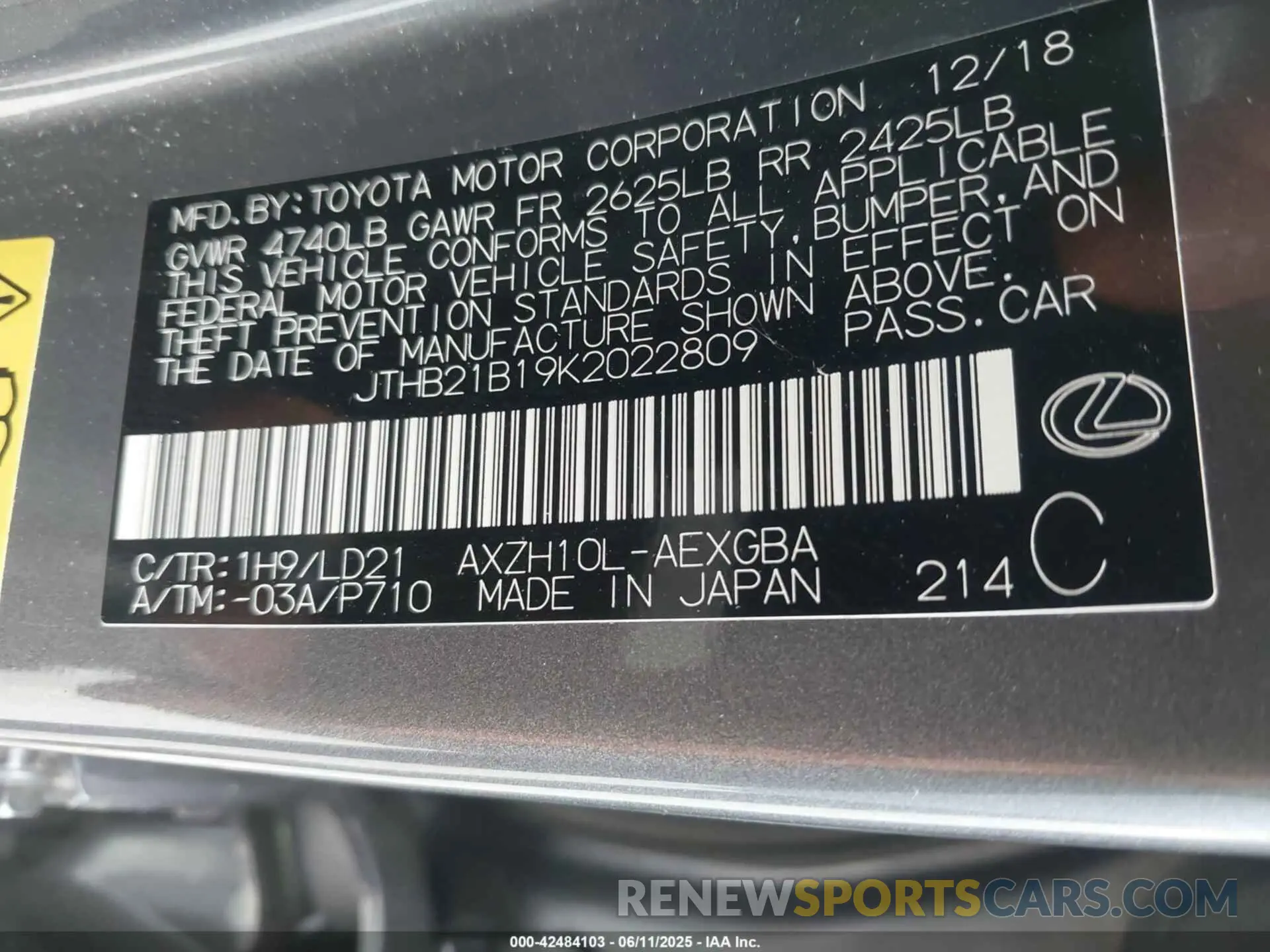 9 fotografías del automóvil dañado JTHB21B19K2022809 LEXUS ES 300H 2019