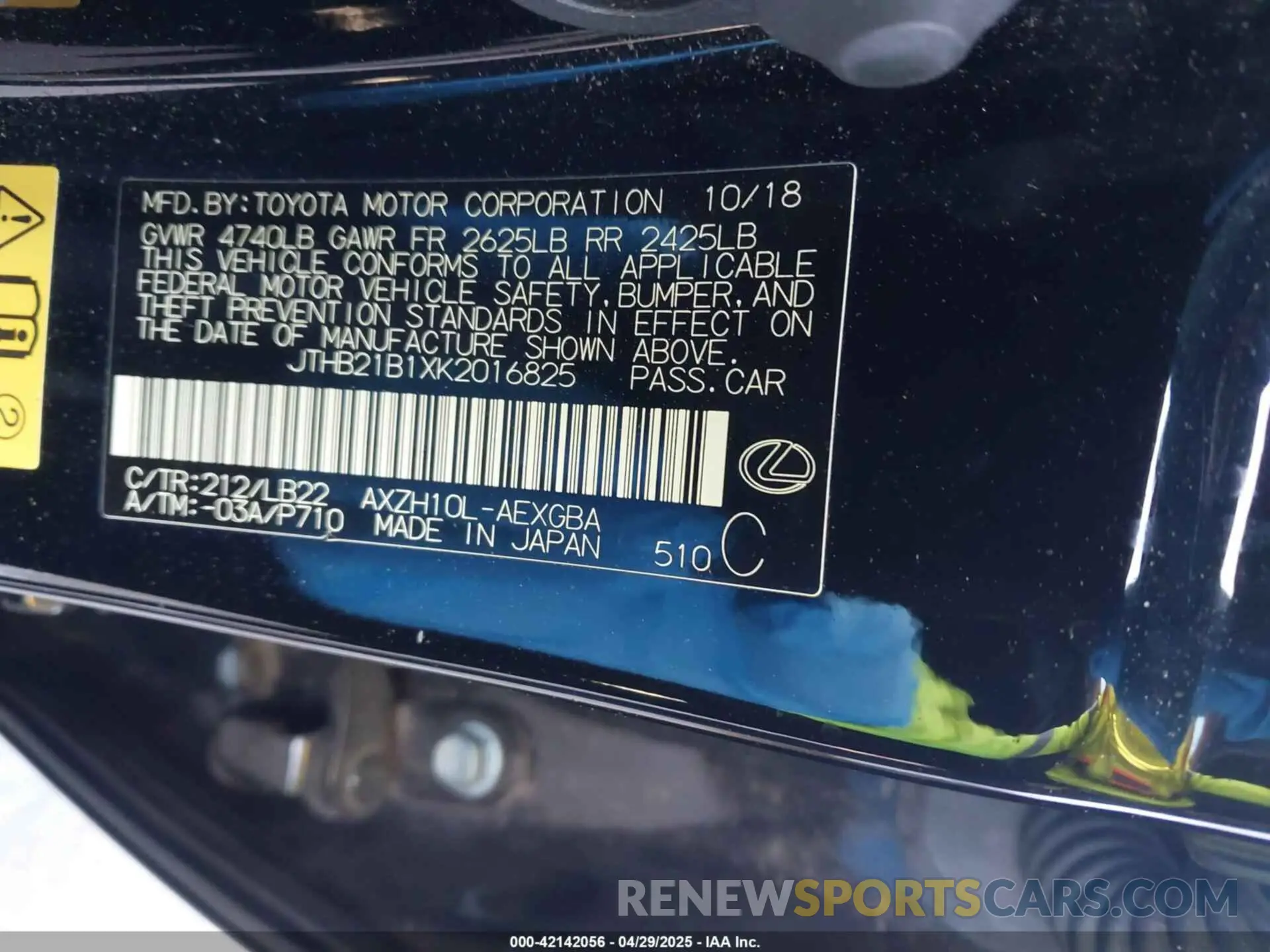 9 fotografías del automóvil dañado JTHB21B1XK2016825 LEXUS ES 300H 2019
