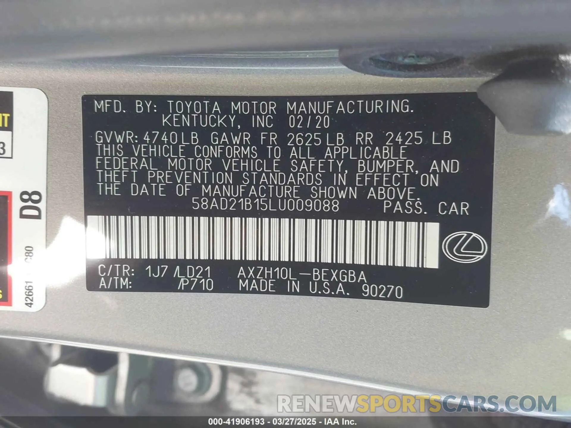 9 fotografías del automóvil dañado 58AD21B15LU009088 LEXUS ES 300H 2020
