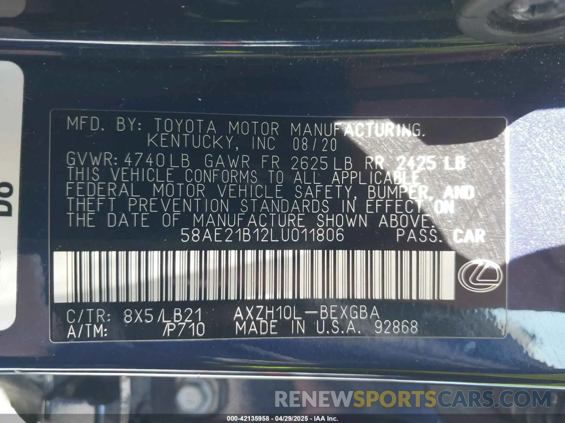 9 fotografías del automóvil dañado 58AE21B12LU011806 LEXUS ES 300H 2020