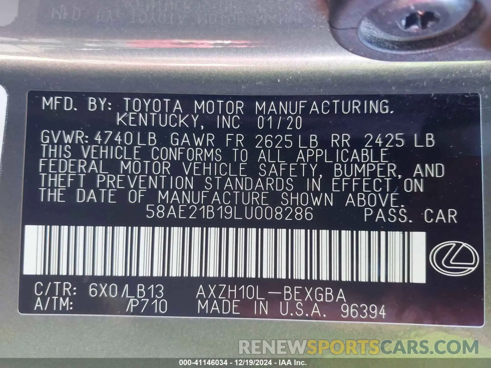 9 fotografías del automóvil dañado 58AE21B19LU008286 LEXUS ES 300H 2020