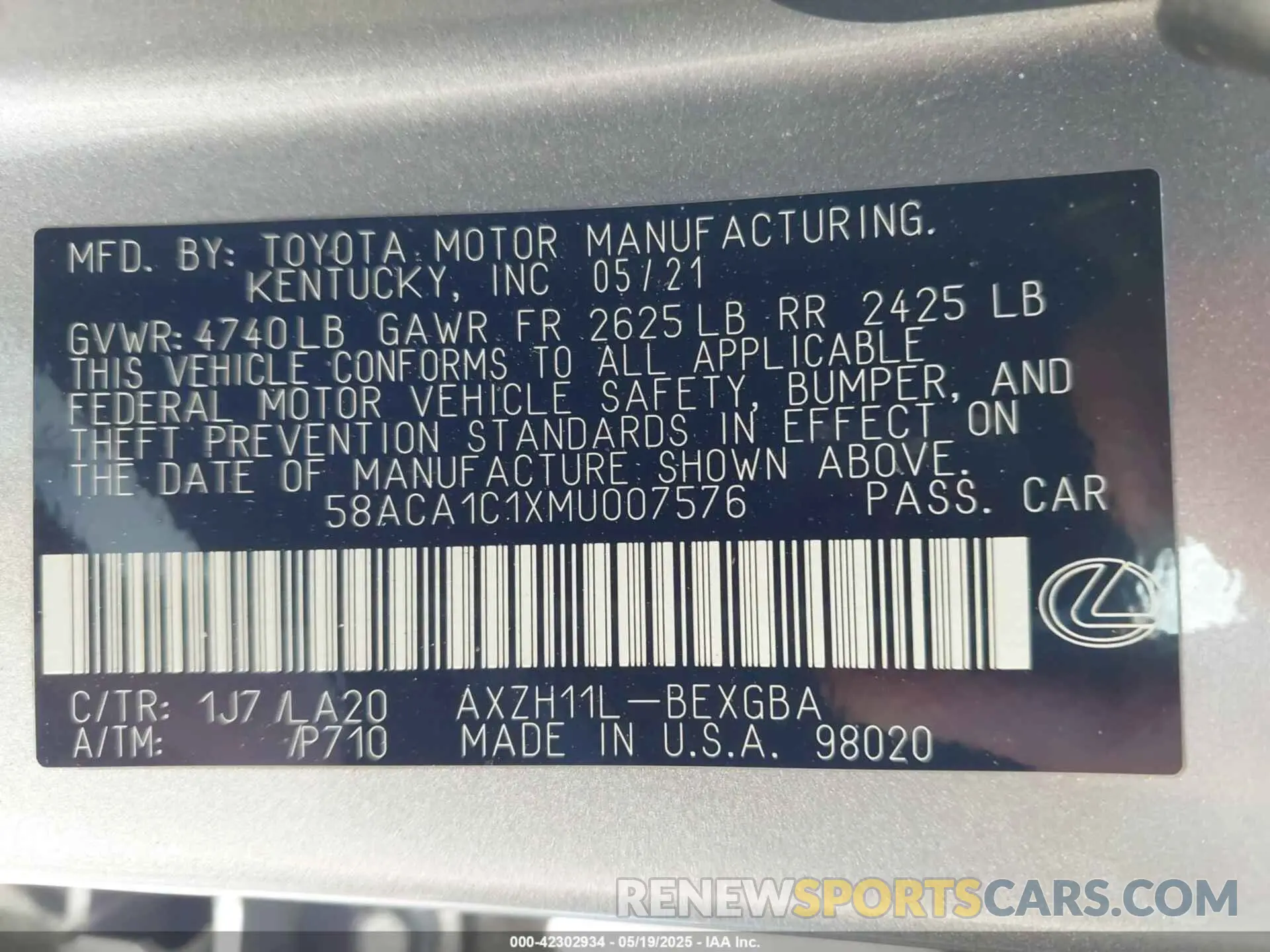 9 fotografías del automóvil dañado 58ACA1C1XMU007576 LEXUS ES 300H 2021