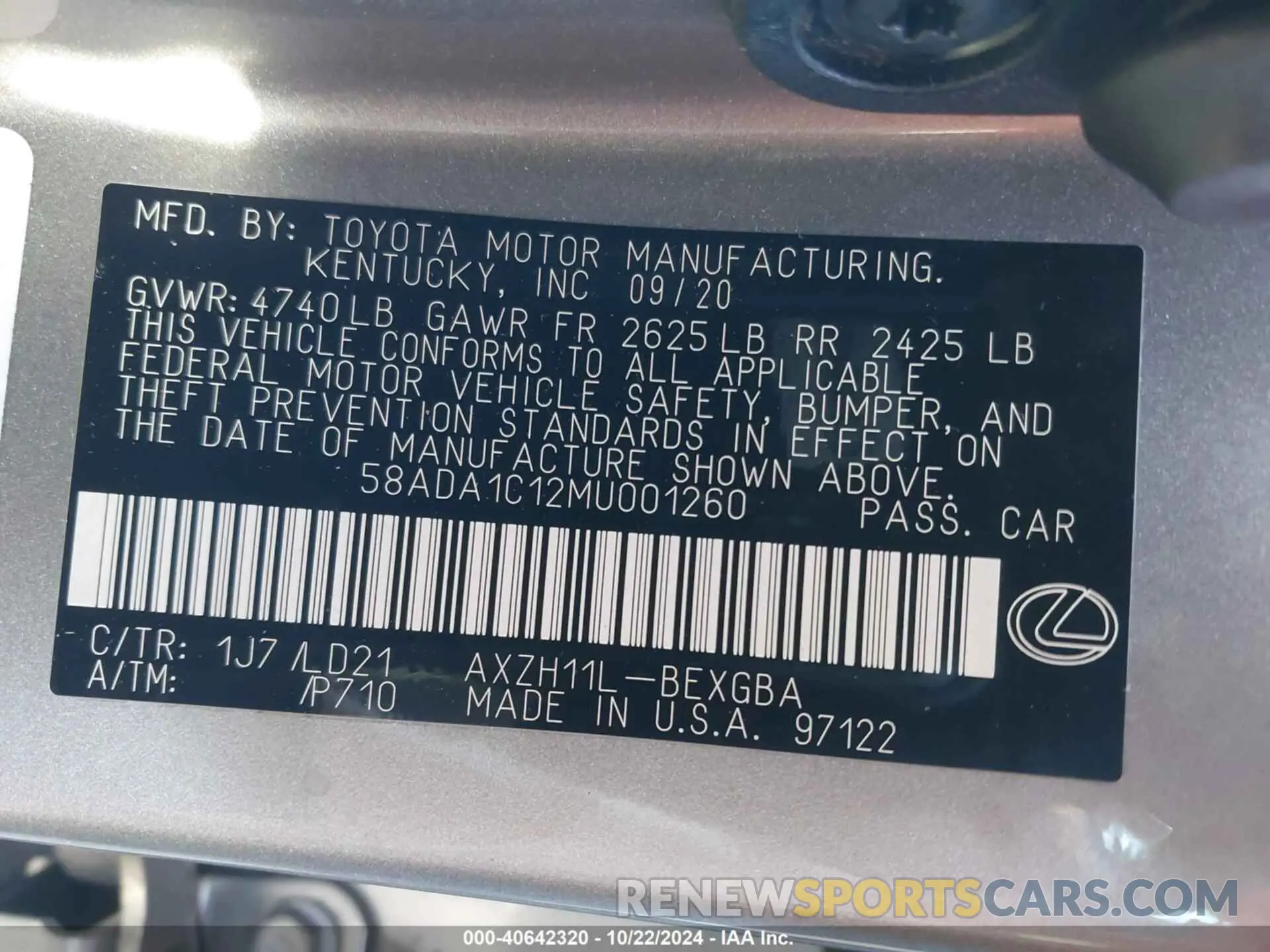 9 fotografías del automóvil dañado 58ADA1C12MU001260 LEXUS ES 300H 2021