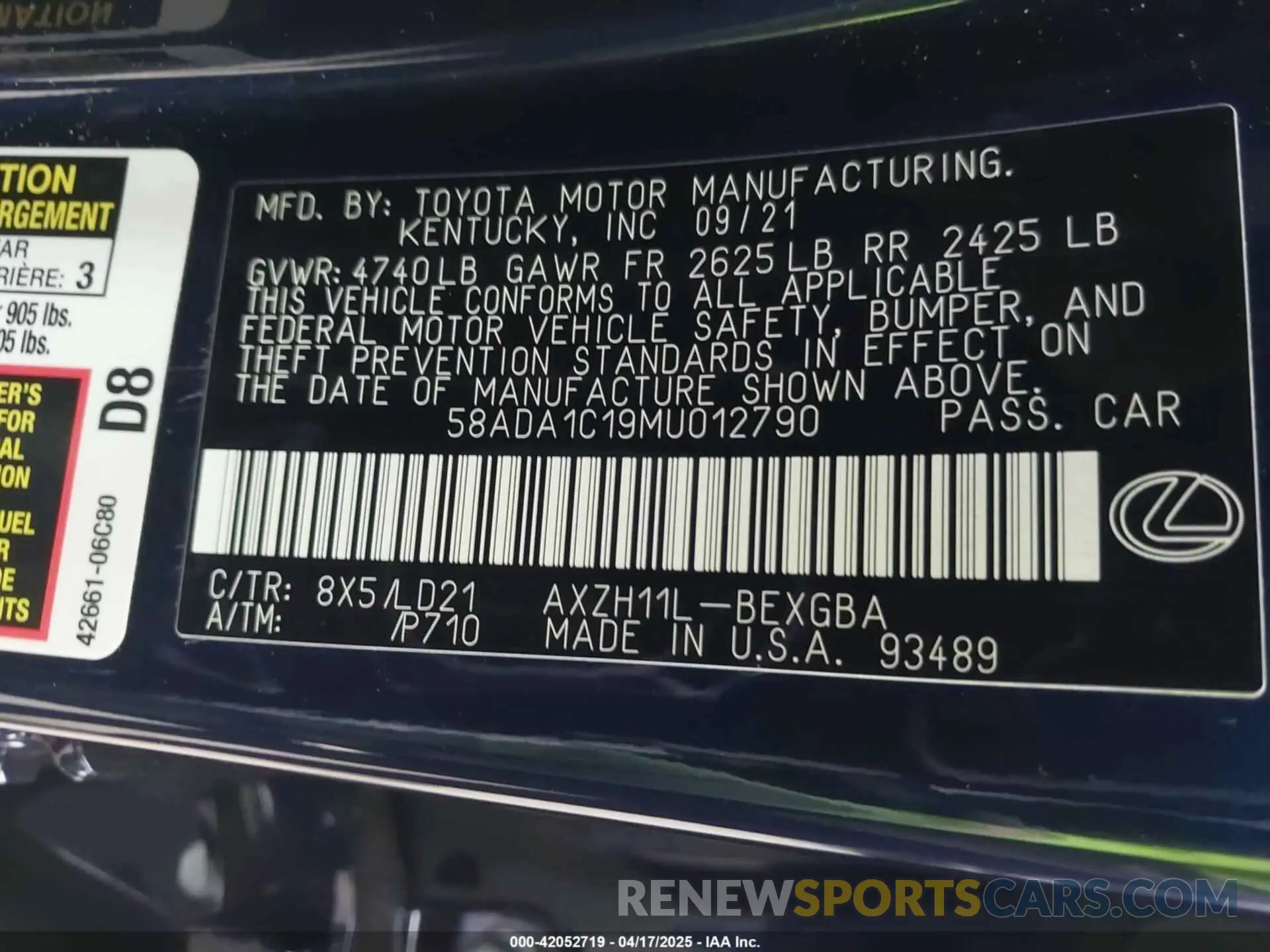9 fotografías del automóvil dañado 58ADA1C19MU012790 LEXUS ES 300H 2021