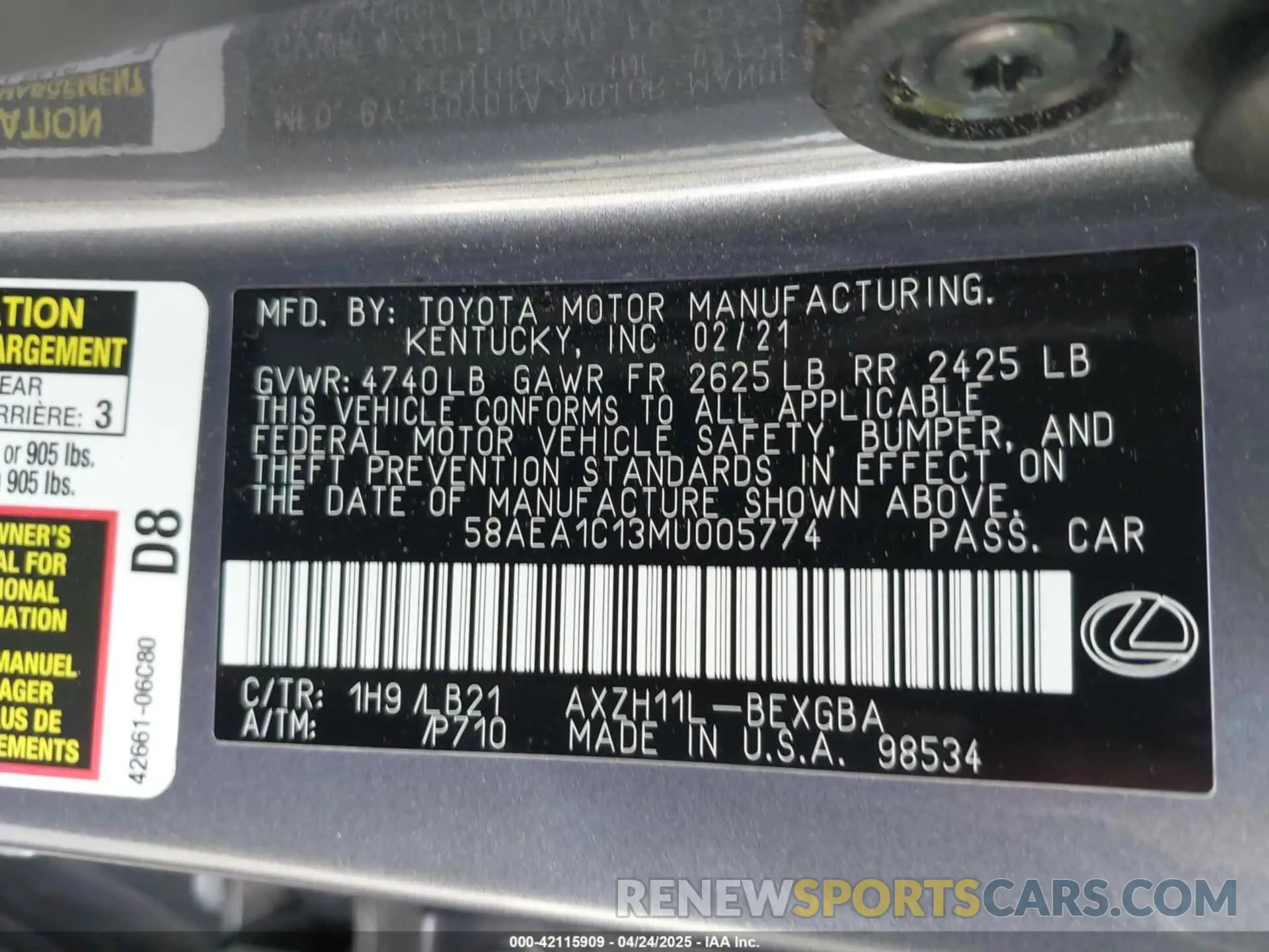 9 fotografías del automóvil dañado 58AEA1C13MU005774 LEXUS ES 300H 2021