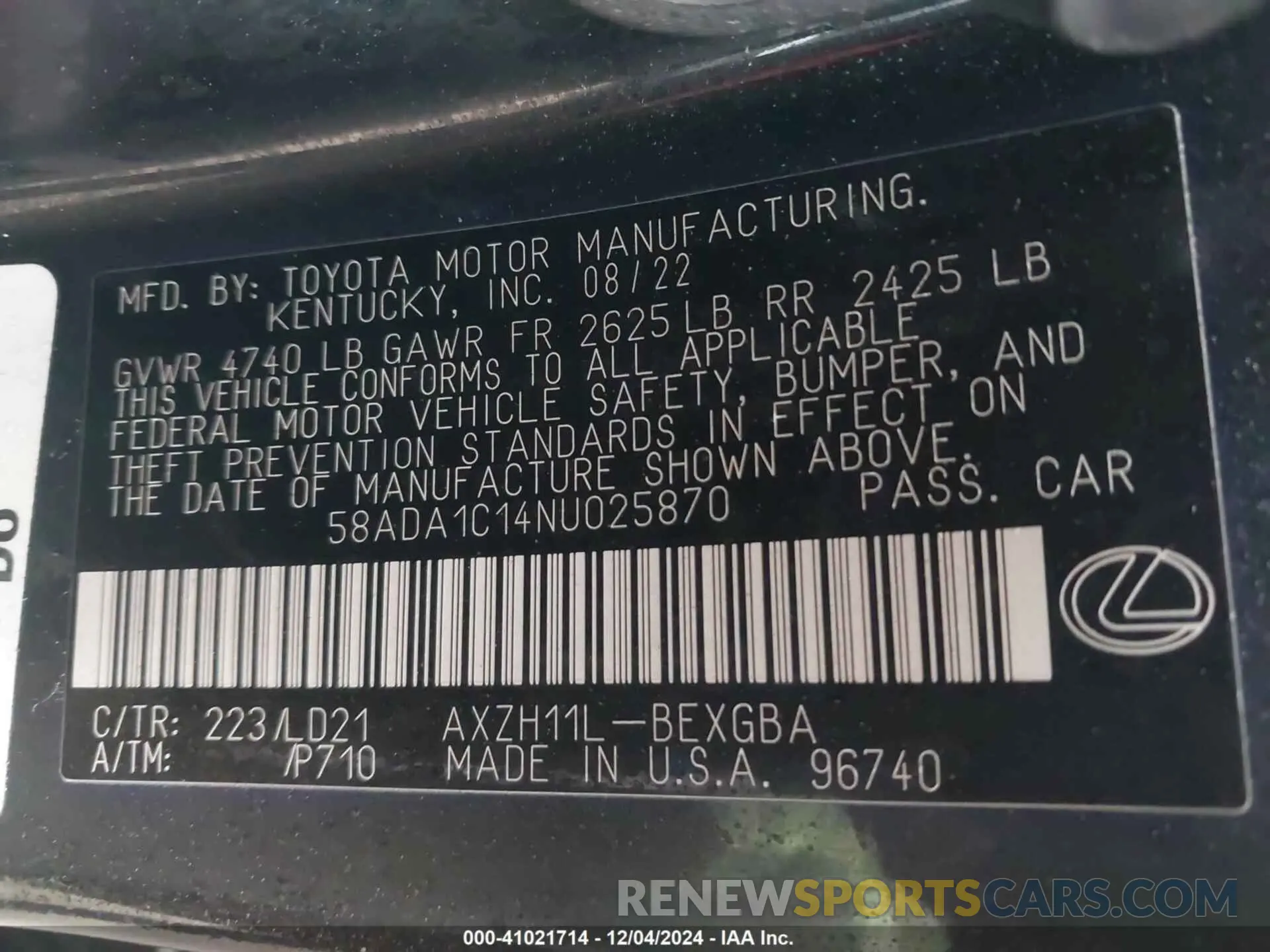 9 fotografías del automóvil dañado 58ADA1C14NU025870 LEXUS ES 300H 2022