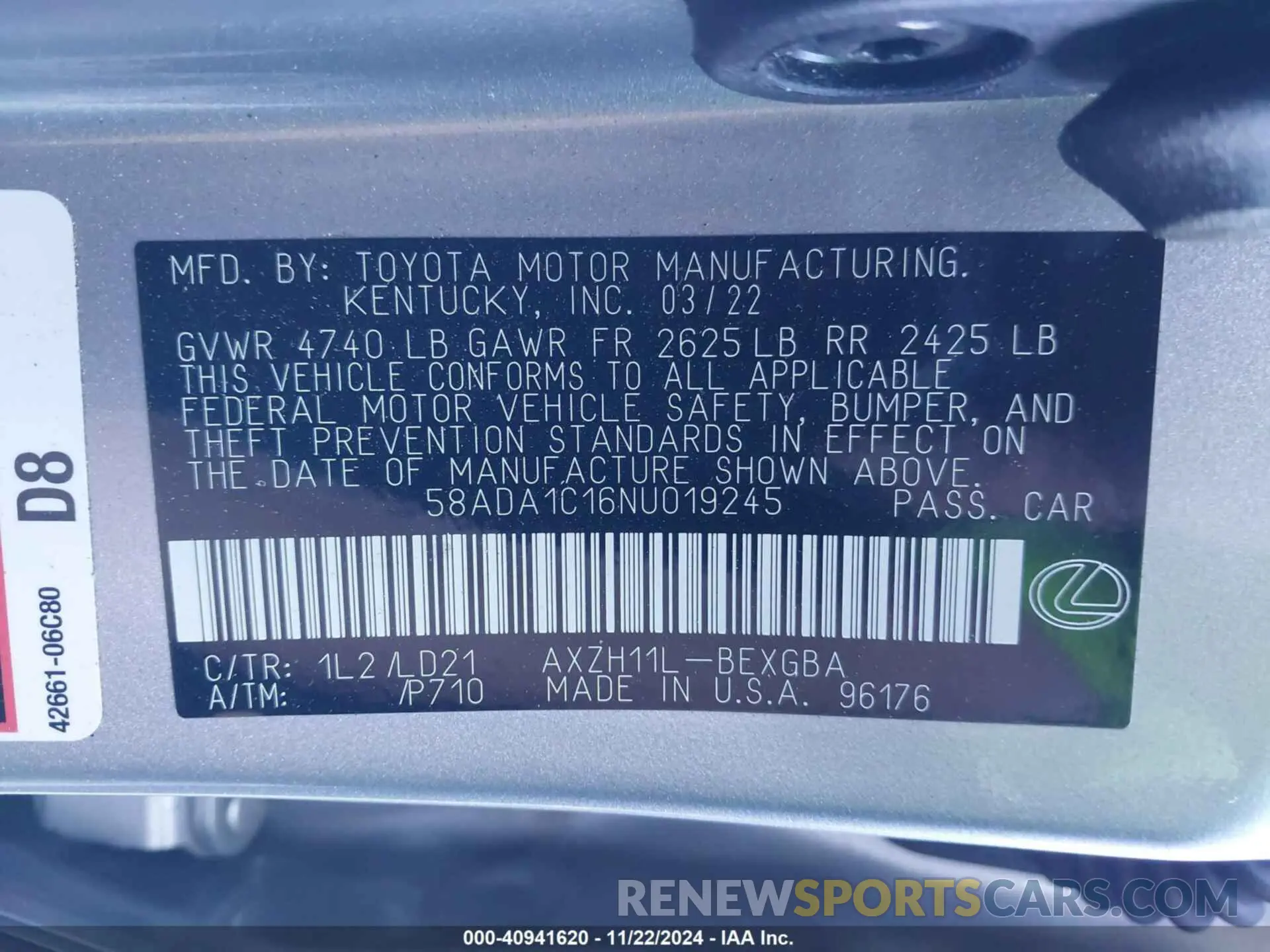 9 fotografías del automóvil dañado 58ADA1C16NU019245 LEXUS ES 300H 2022