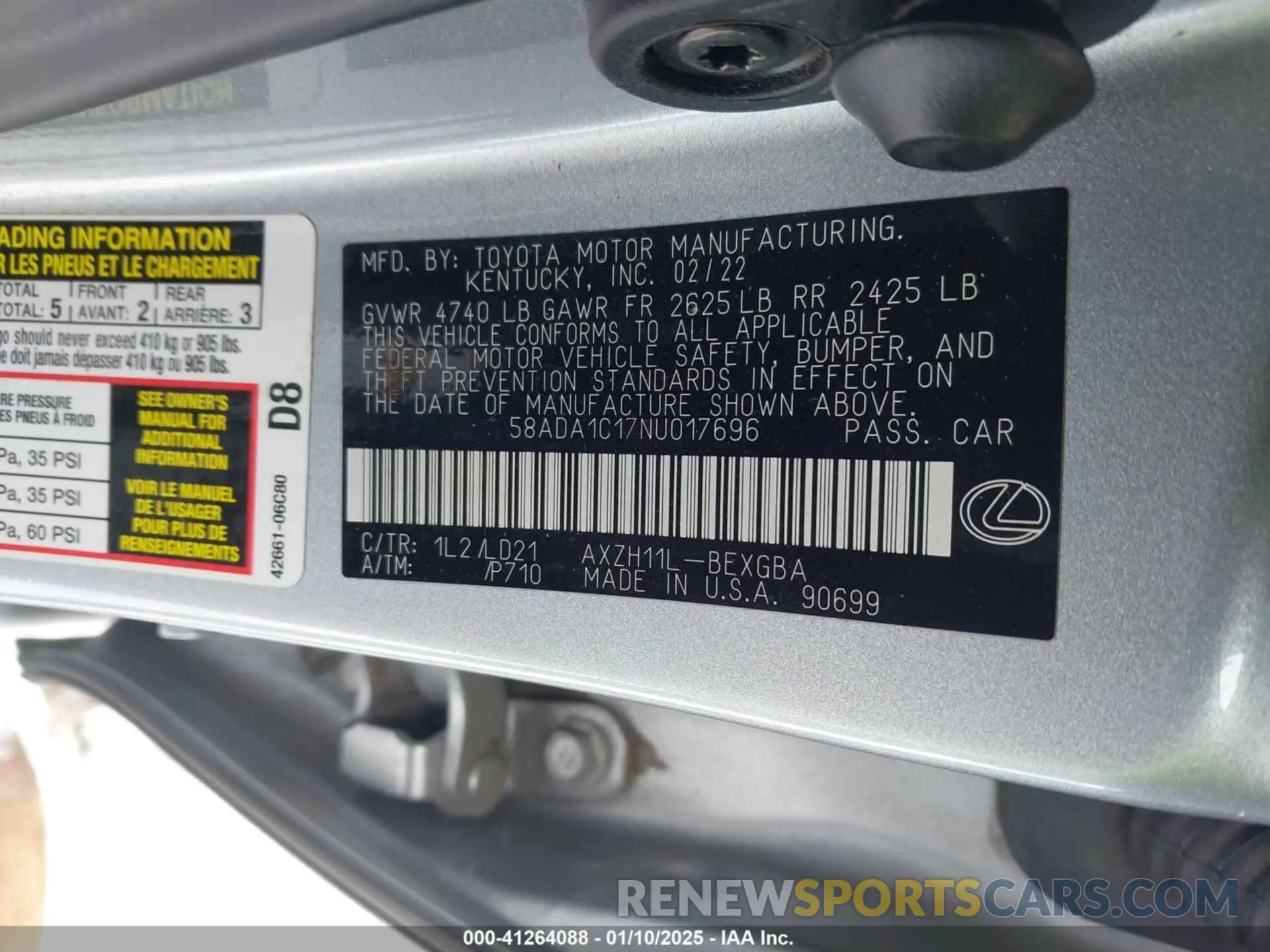 9 fotografías del automóvil dañado 58ADA1C17NU017696 LEXUS ES 300H 2022