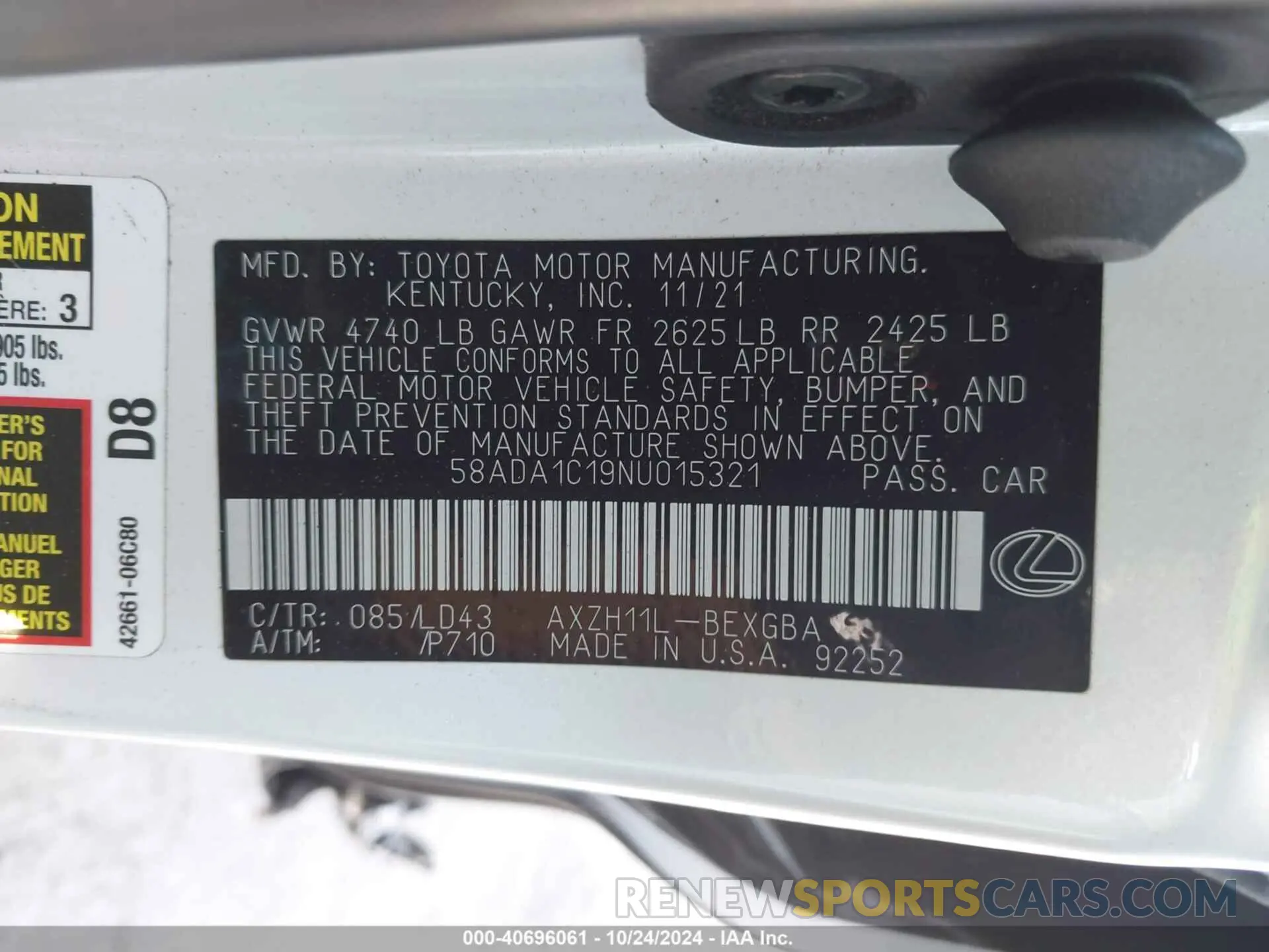9 fotografías del automóvil dañado 58ADA1C19NU015321 LEXUS ES 300H 2022