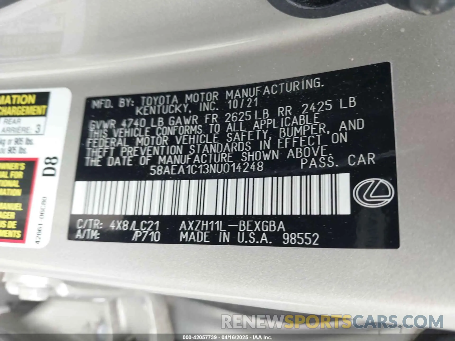 9 fotografías del automóvil dañado 58AEA1C13NU014248 LEXUS ES 300H 2022
