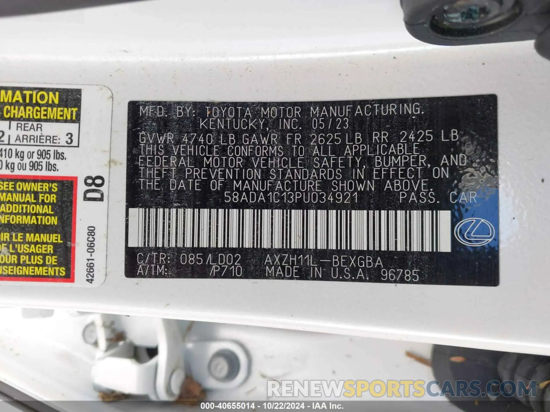 9 fotografías del automóvil dañado 58ADA1C13PU034921 LEXUS ES 300H 2023