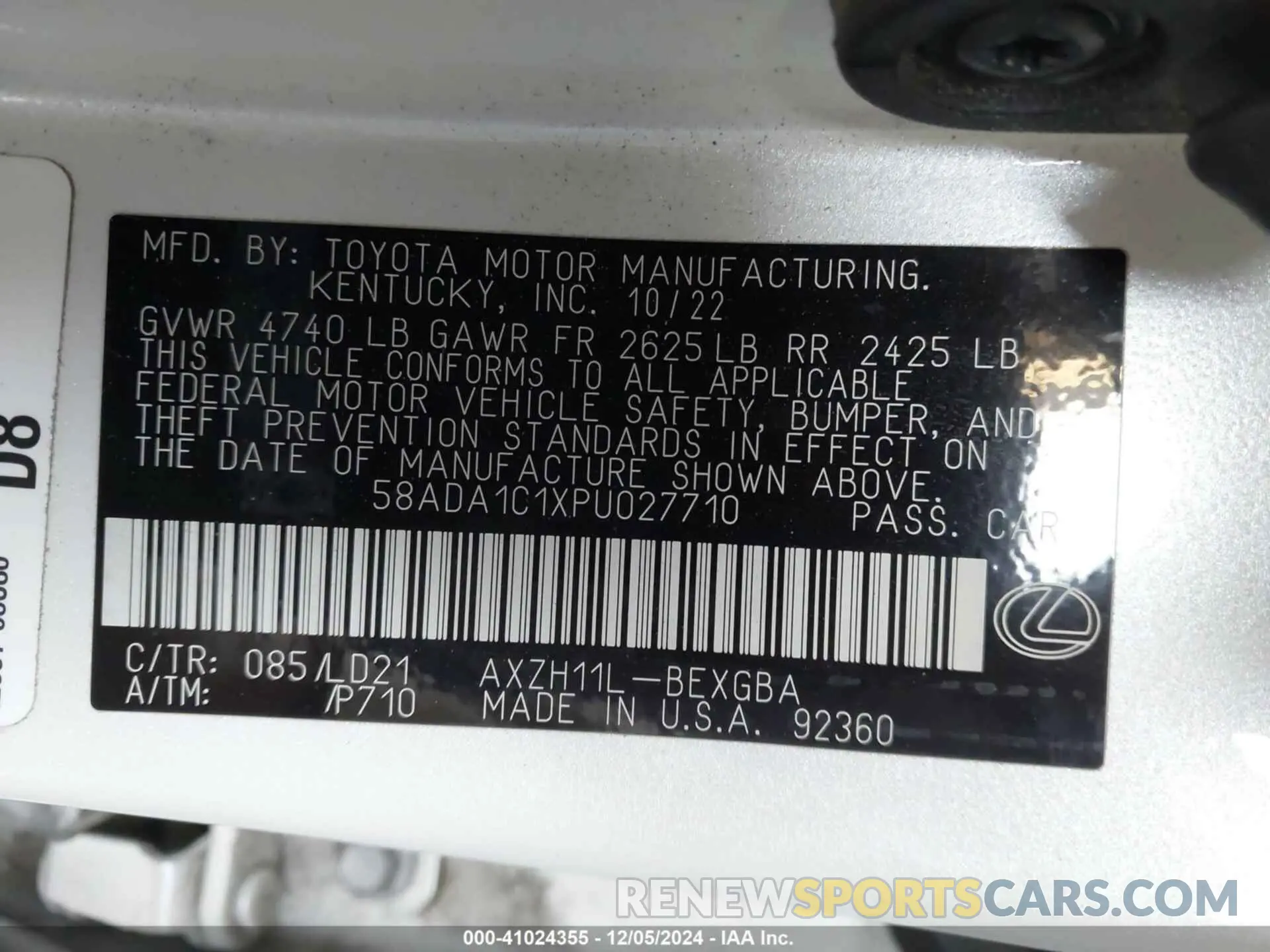 9 fotografías del automóvil dañado 58ADA1C1XPU027710 LEXUS ES 300H 2023