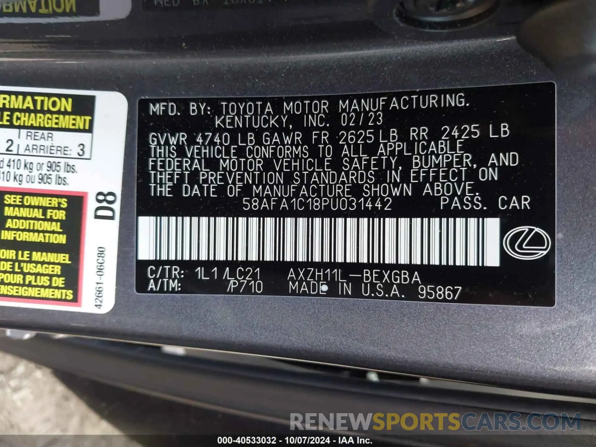 9 fotografías del automóvil dañado 58AFA1C18PU031442 LEXUS ES 300H 2023