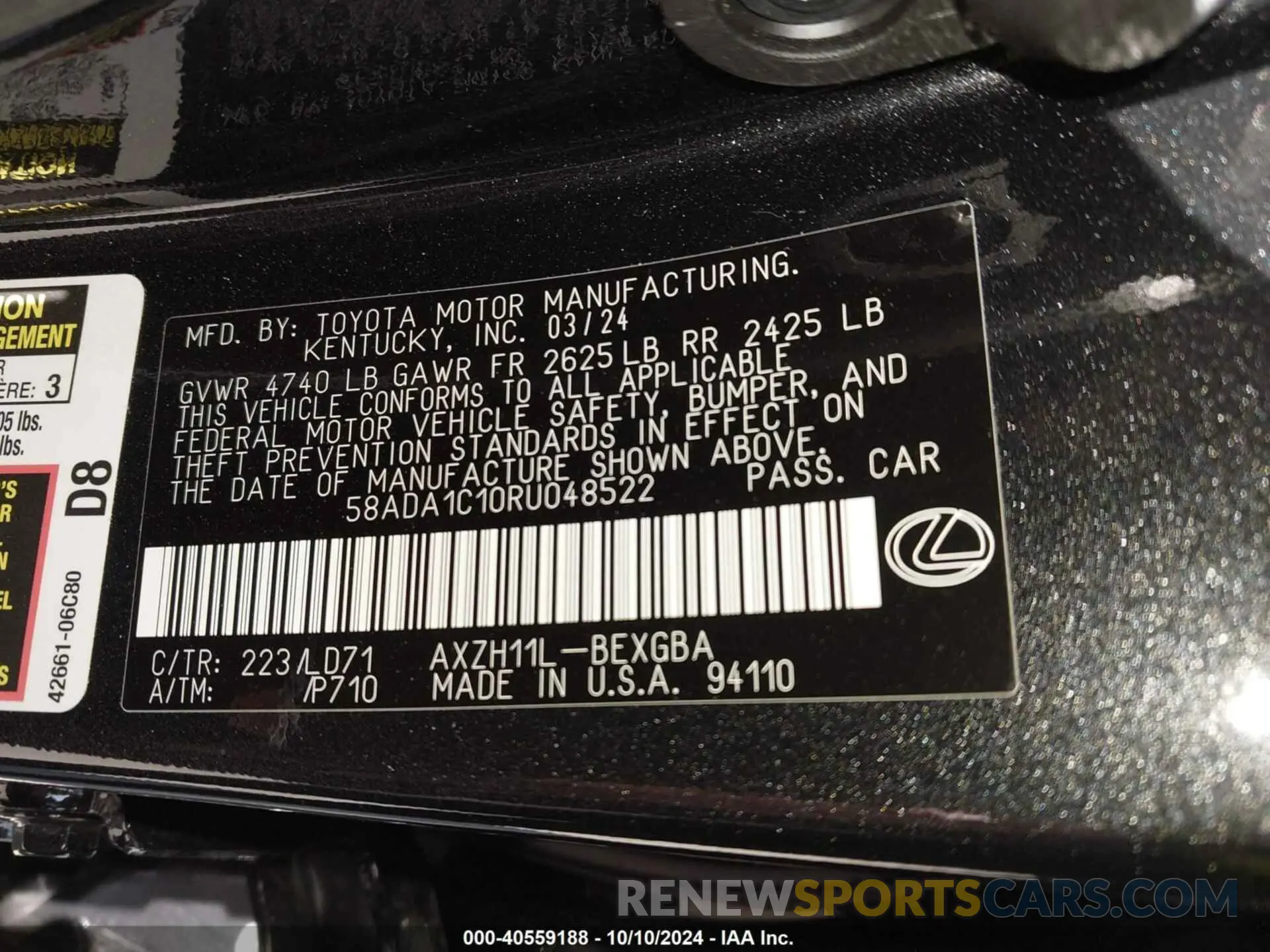 9 fotografías del automóvil dañado 58ADA1C10RU048522 LEXUS ES 300H 2024