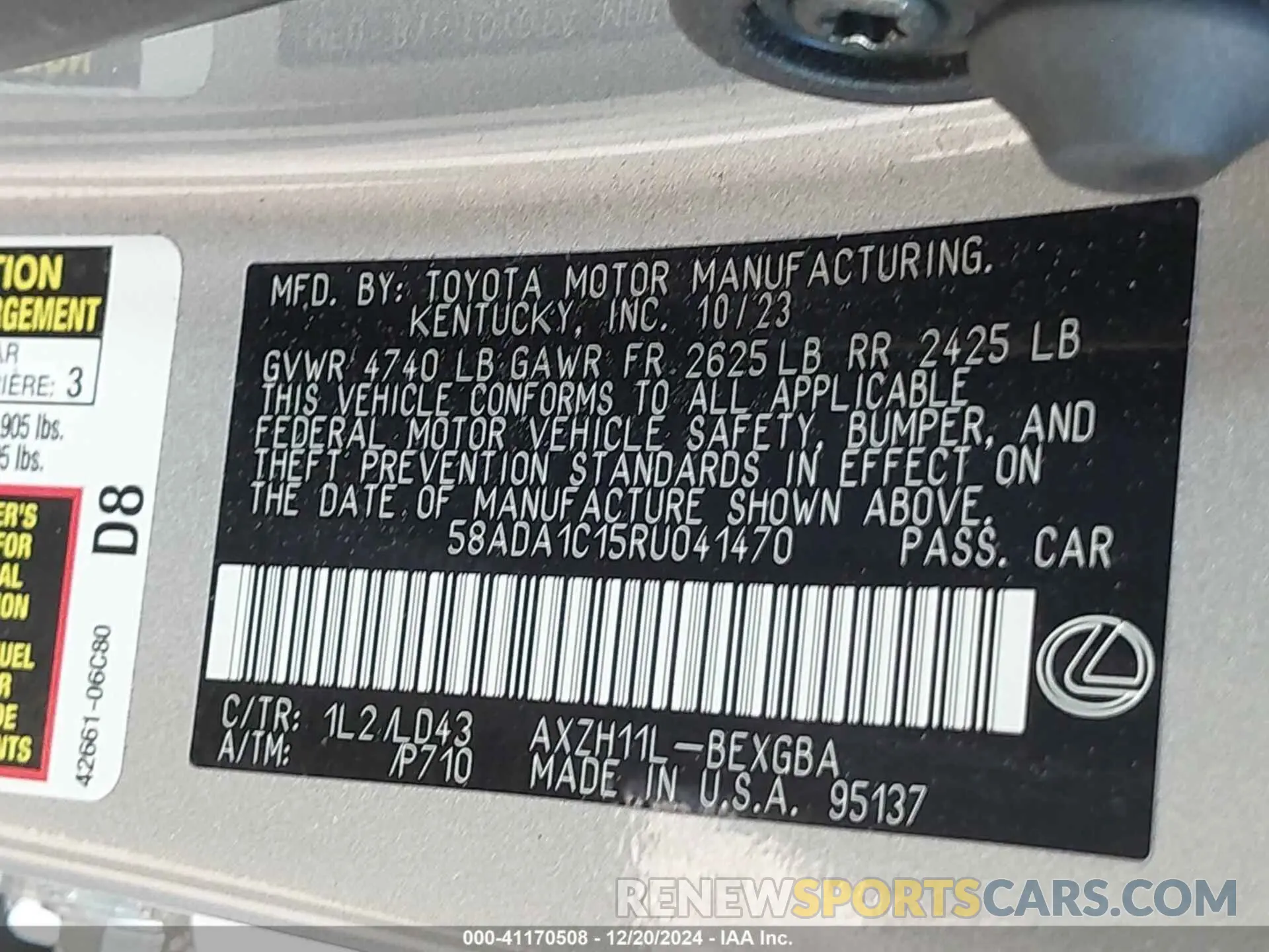 9 fotografías del automóvil dañado 58ADA1C15RU041470 LEXUS ES 300H 2024