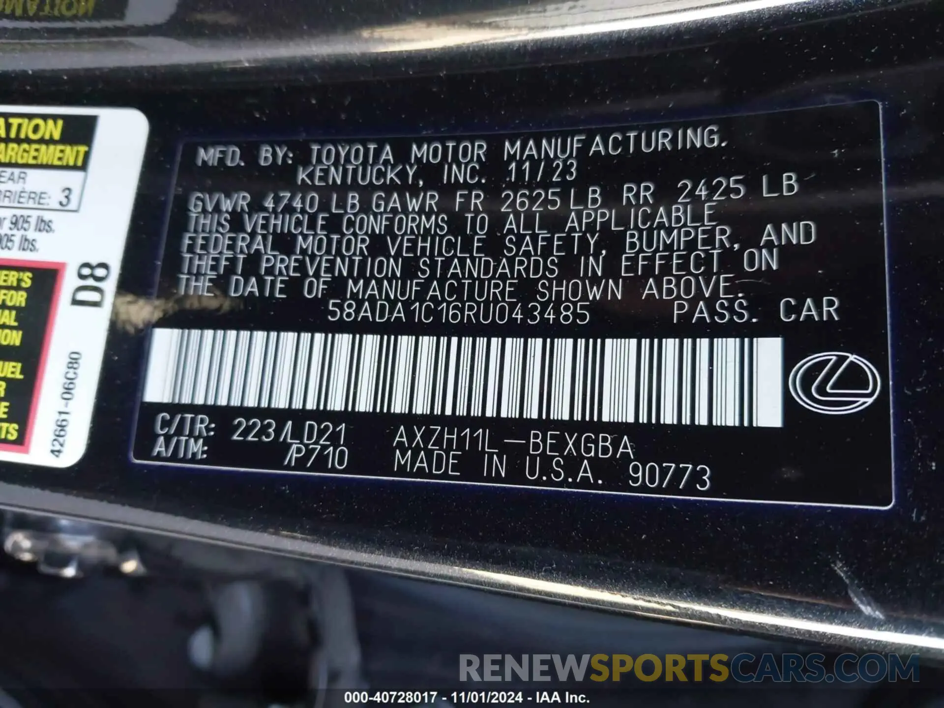 9 fotografías del automóvil dañado 58ADA1C16RU043485 LEXUS ES 300H 2024