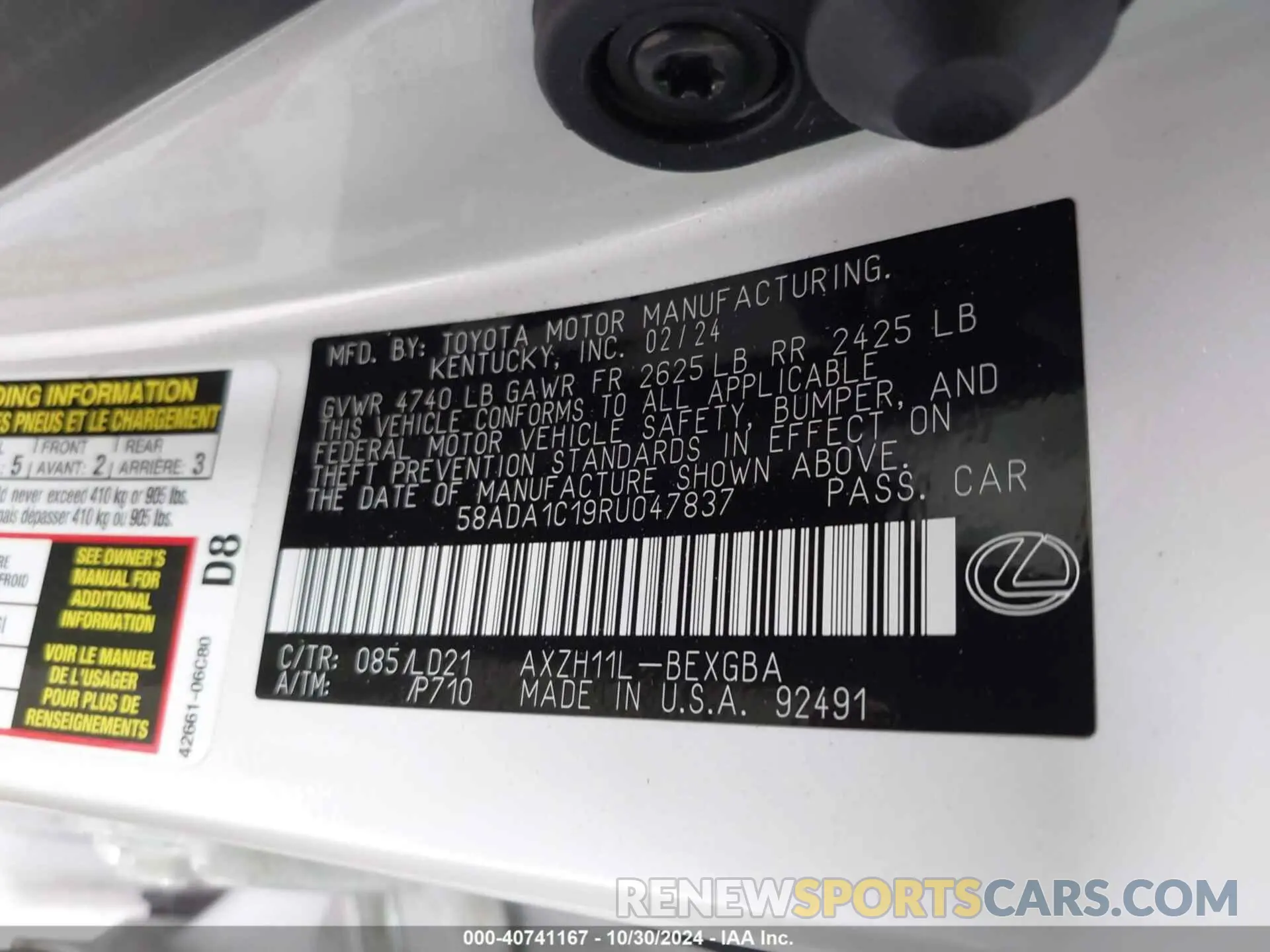 9 fotografías del automóvil dañado 58ADA1C19RU047837 LEXUS ES 300H 2024