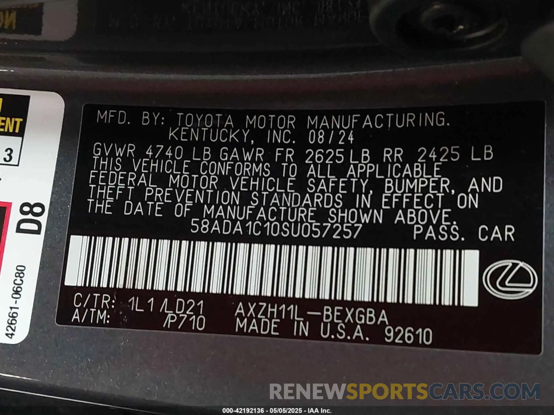9 fotografías del automóvil dañado 58ADA1C10SU057257 LEXUS ES 300H 2025