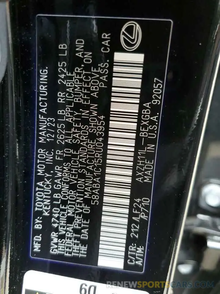 12 fotografías del automóvil dañado 58ABA1C15RU043954 LEXUS ES 300H F 2024