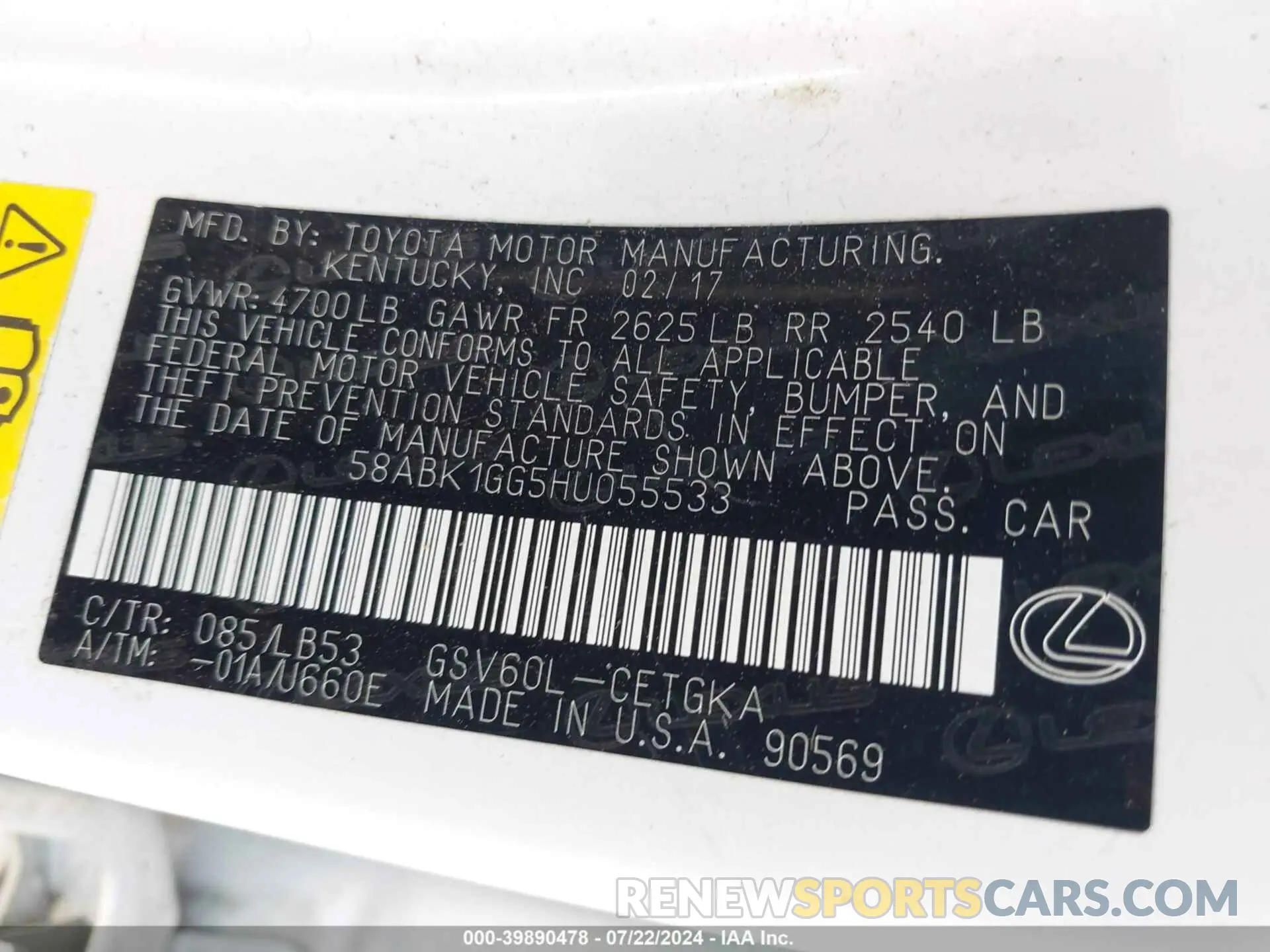 9 fotografías del automóvil dañado 58ABK1GG5HU055533 LEXUS ES 350 2017