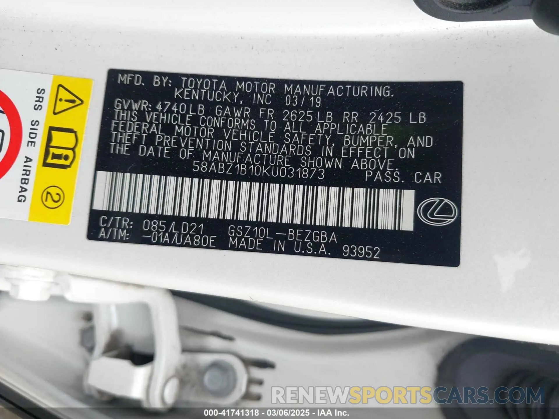 9 fotografías del automóvil dañado 58ABZ1B10KU031873 LEXUS ES 350 2019