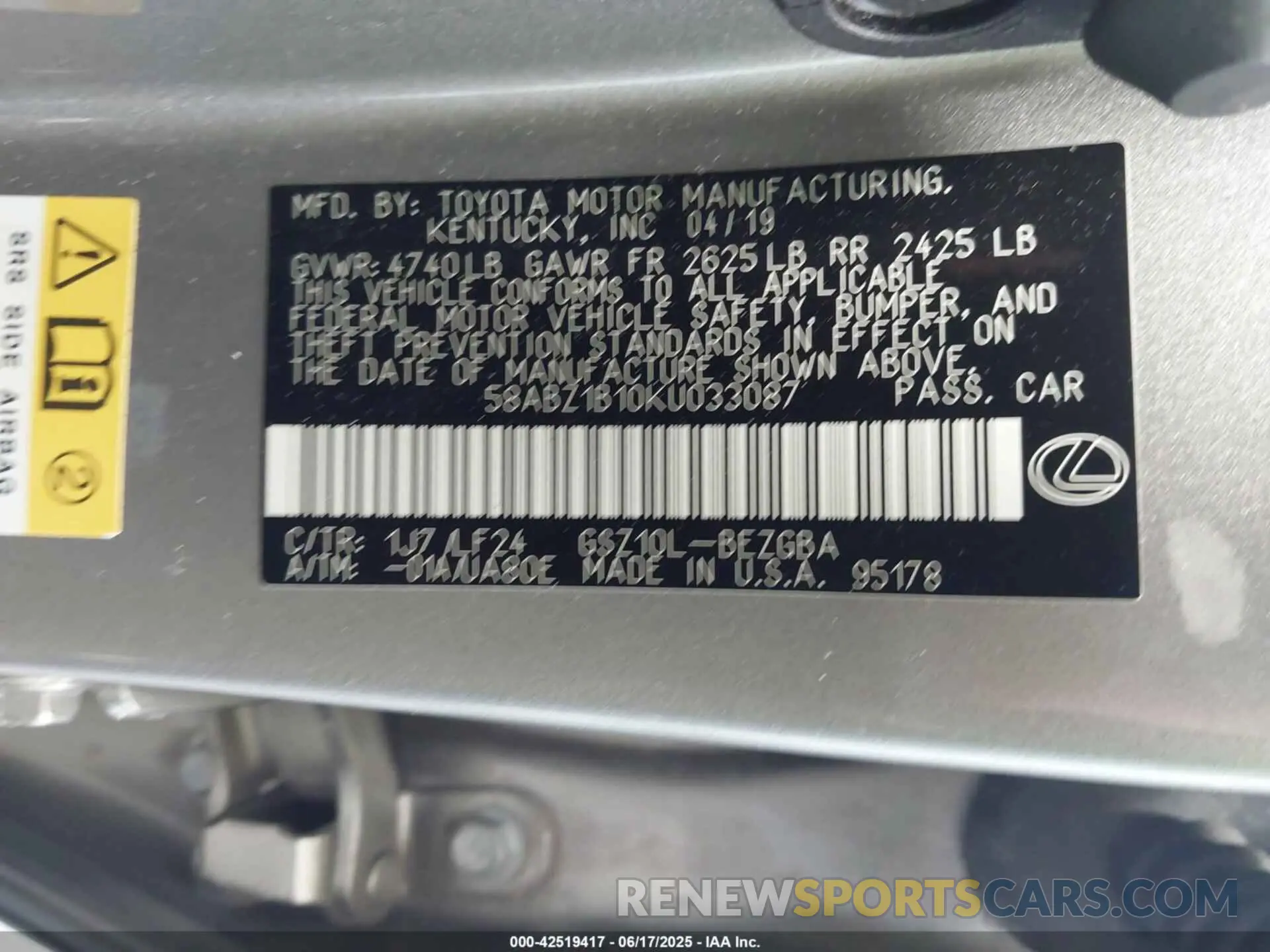 9 fotografías del automóvil dañado 58ABZ1B10KU033087 LEXUS ES 350 2019