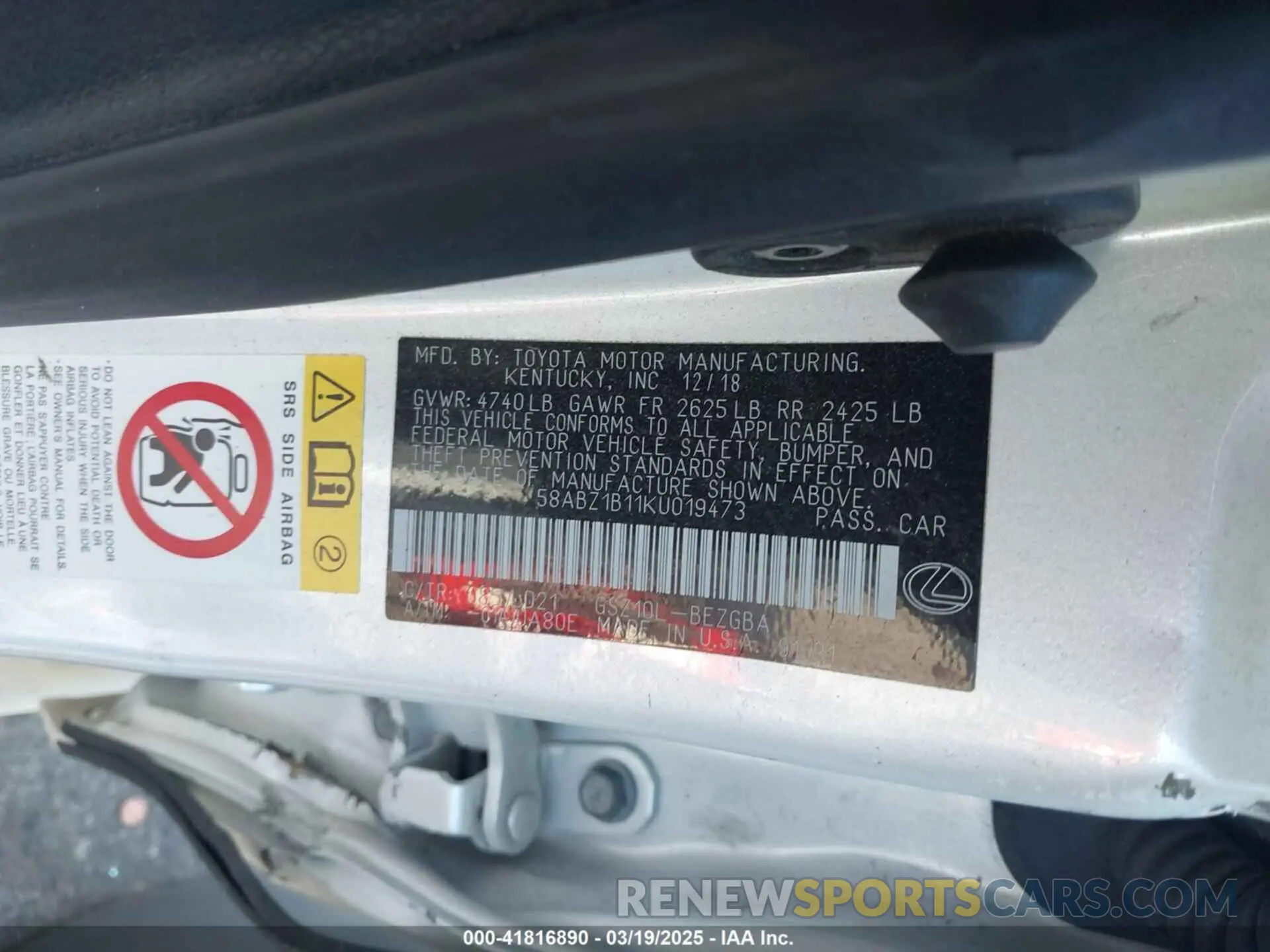 9 fotografías del automóvil dañado 58ABZ1B11KU019473 LEXUS ES 350 2019