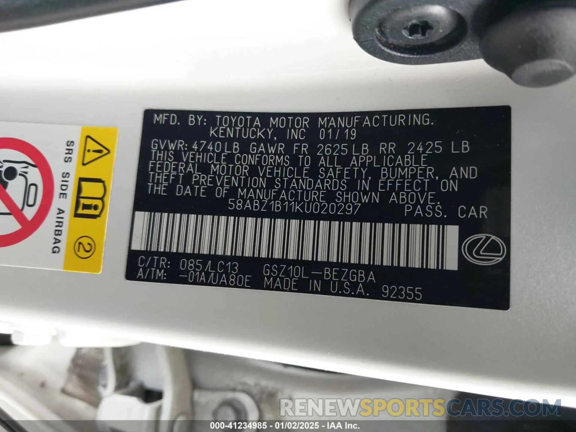 9 fotografías del automóvil dañado 58ABZ1B11KU020297 LEXUS ES 350 2019