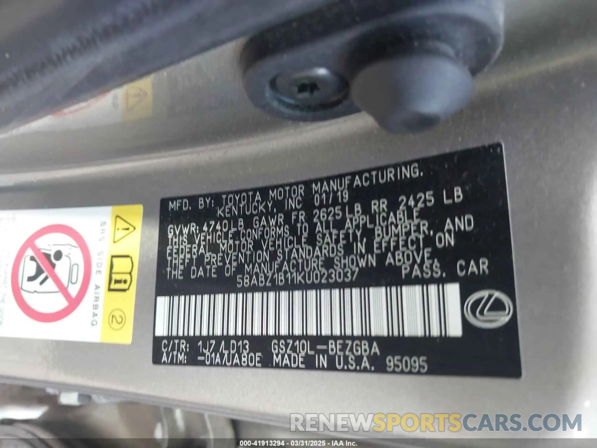 9 fotografías del automóvil dañado 58ABZ1B11KU023037 LEXUS ES 350 2019