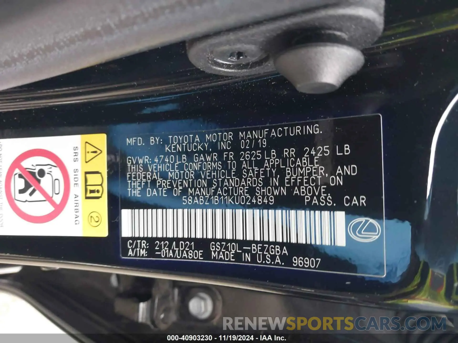 9 fotografías del automóvil dañado 58ABZ1B11KU024849 LEXUS ES 350 2019