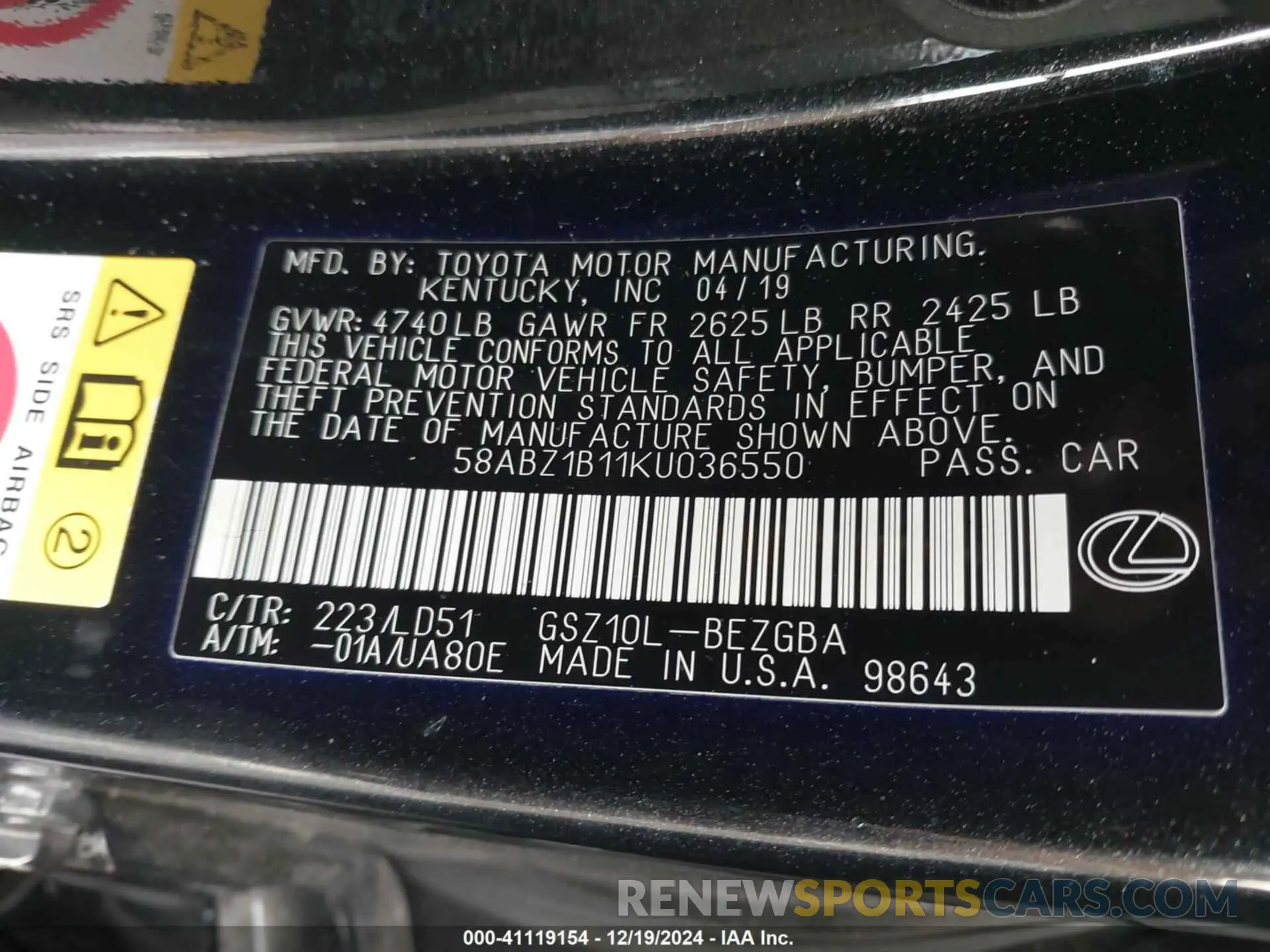 9 fotografías del automóvil dañado 58ABZ1B11KU036550 LEXUS ES 350 2019