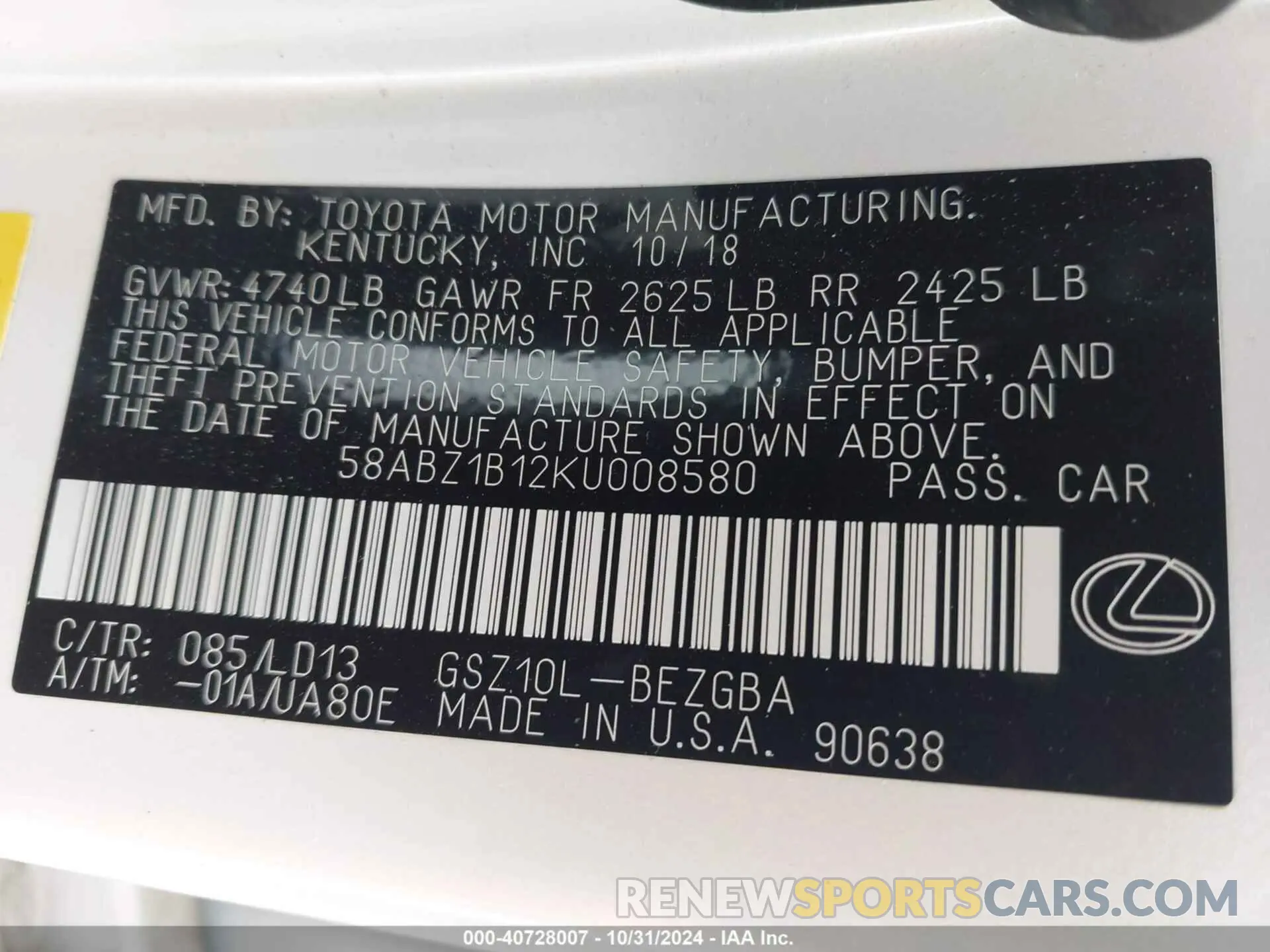 9 fotografías del automóvil dañado 58ABZ1B12KU008580 LEXUS ES 350 2019