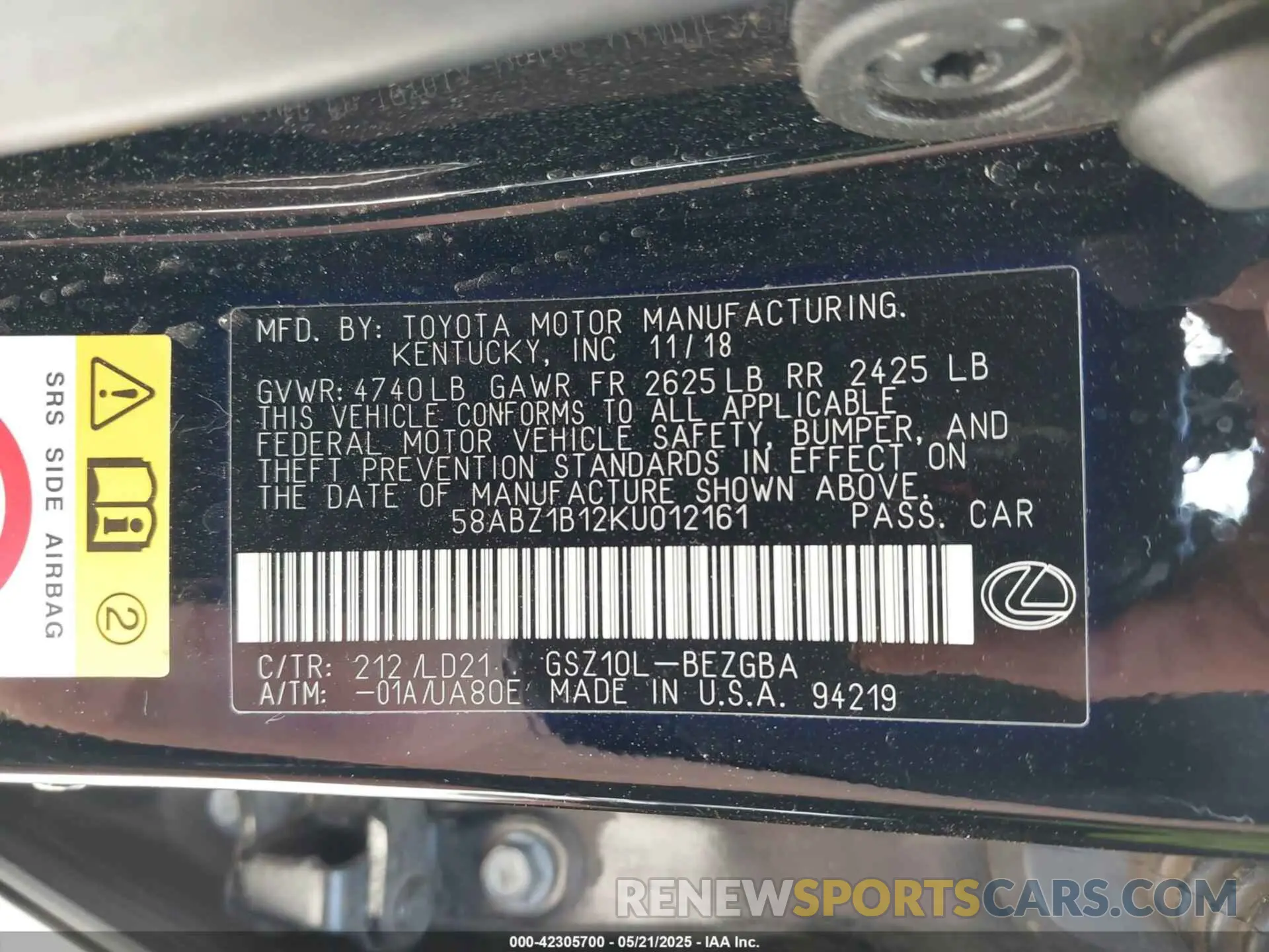 9 fotografías del automóvil dañado 58ABZ1B12KU012161 LEXUS ES 350 2019