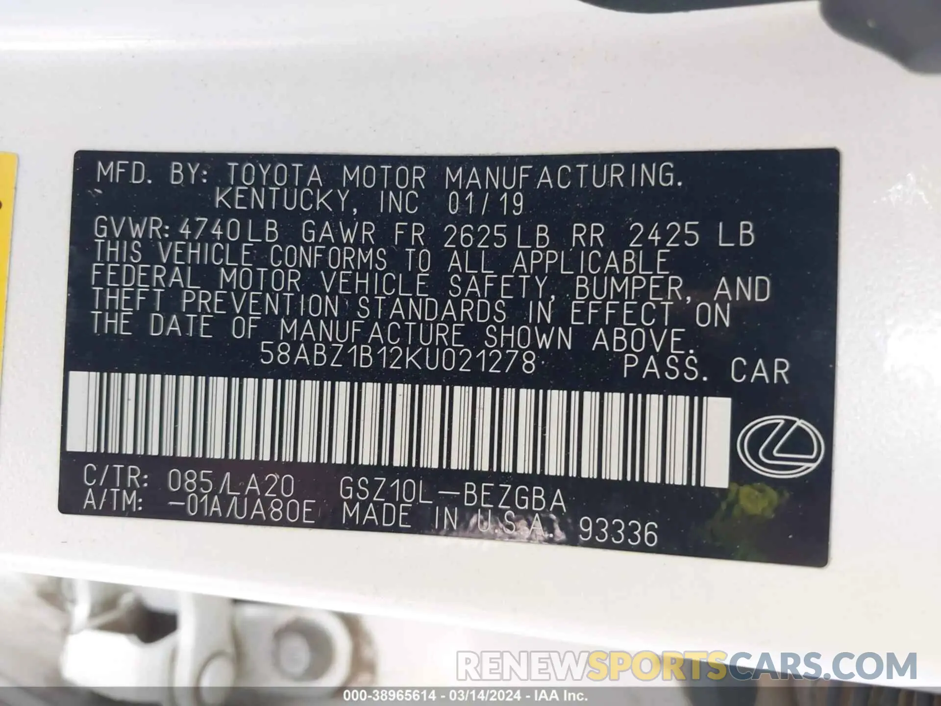 9 fotografías del automóvil dañado 58ABZ1B12KU021278 LEXUS ES 350 2019