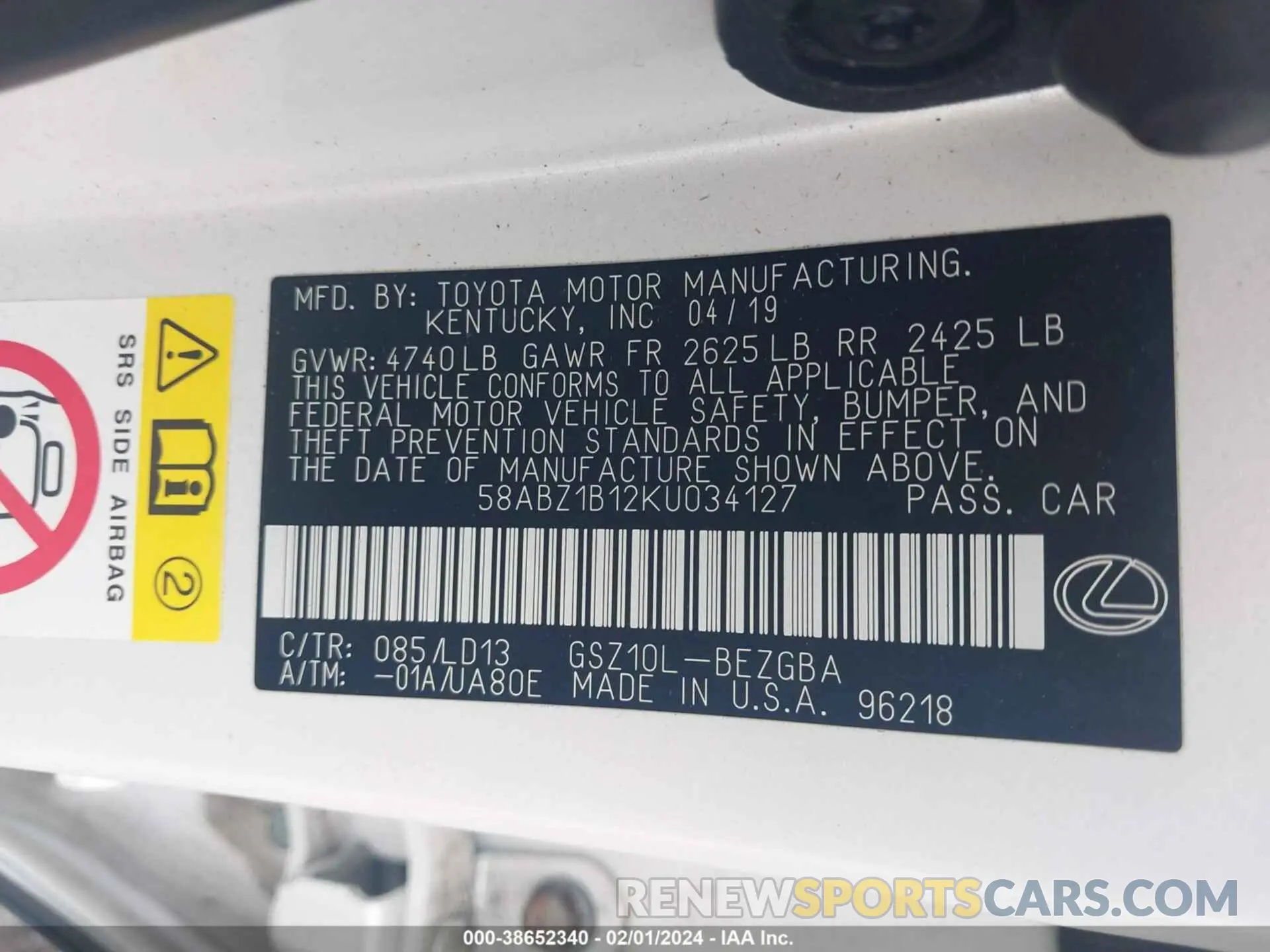 9 fotografías del automóvil dañado 58ABZ1B12KU034127 LEXUS ES 350 2019