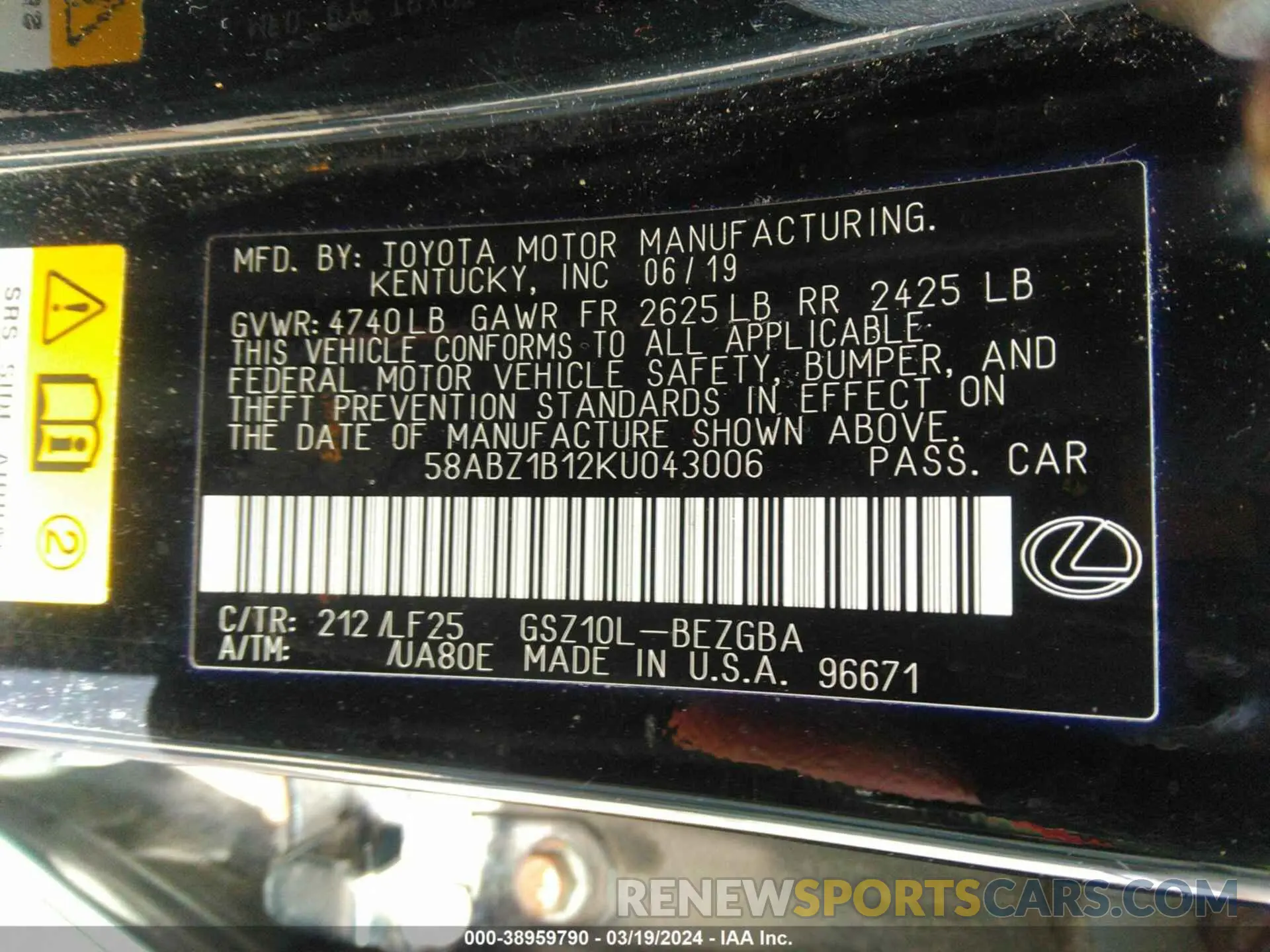 9 fotografías del automóvil dañado 58ABZ1B12KU043006 LEXUS ES 350 2019